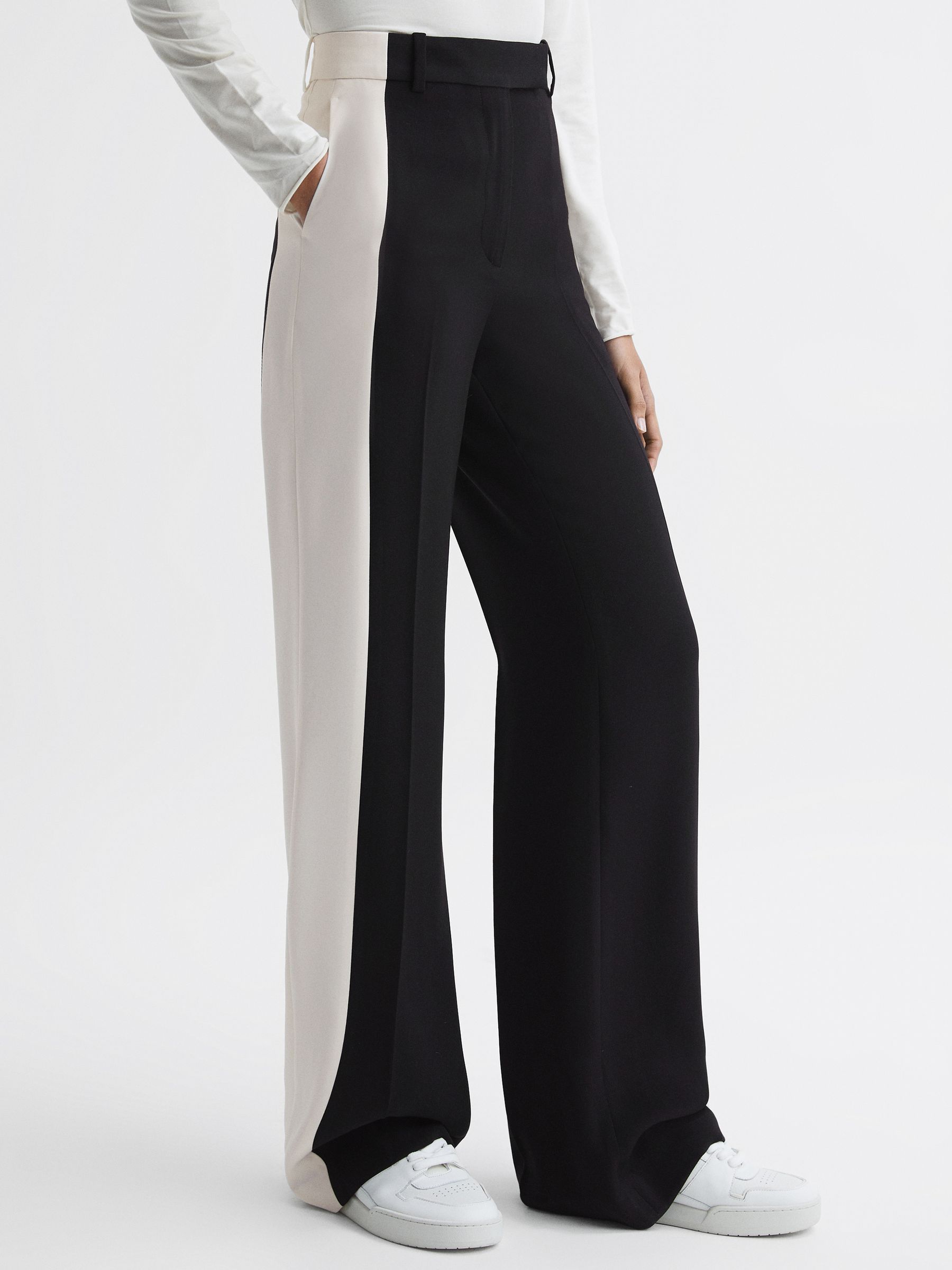 Petite Contrast Side Wide Leg Trousers in Black - Image 1 of 6
