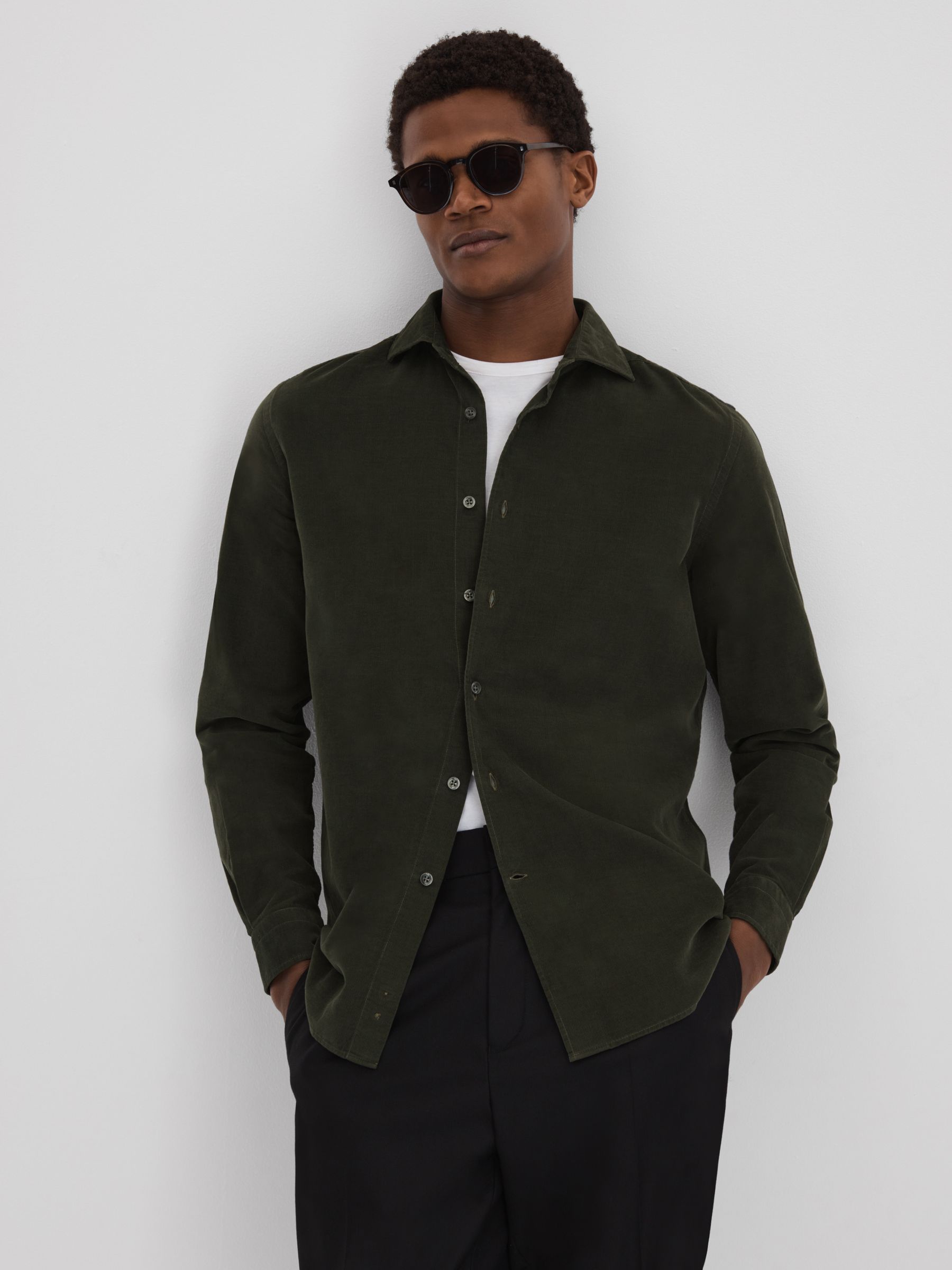 Corduroy Cutaway Collar Shirt in Khaki - Image 1 of 6