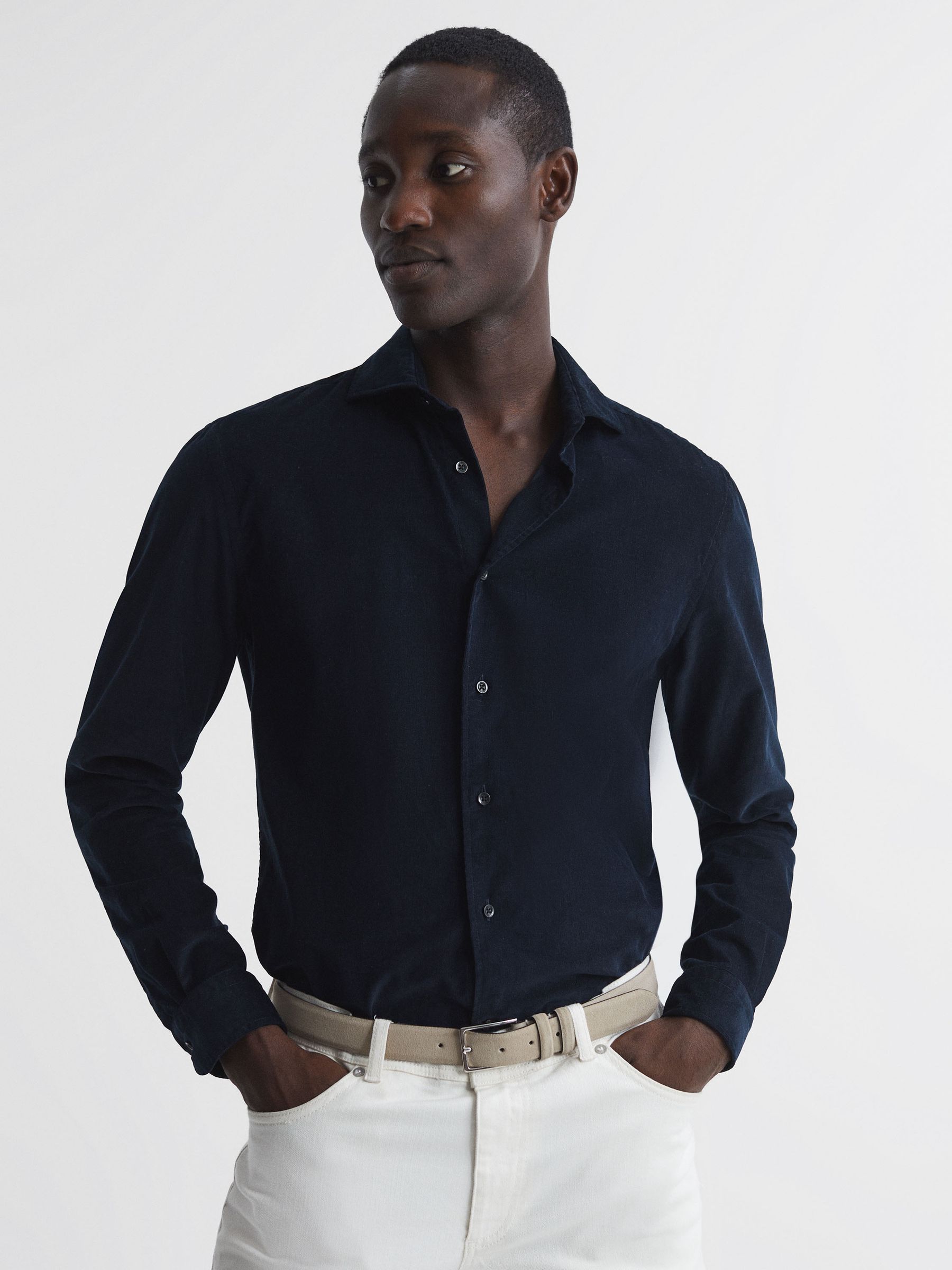 Corduroy Cutaway Collar Shirt in Navy - Image 1 of 6