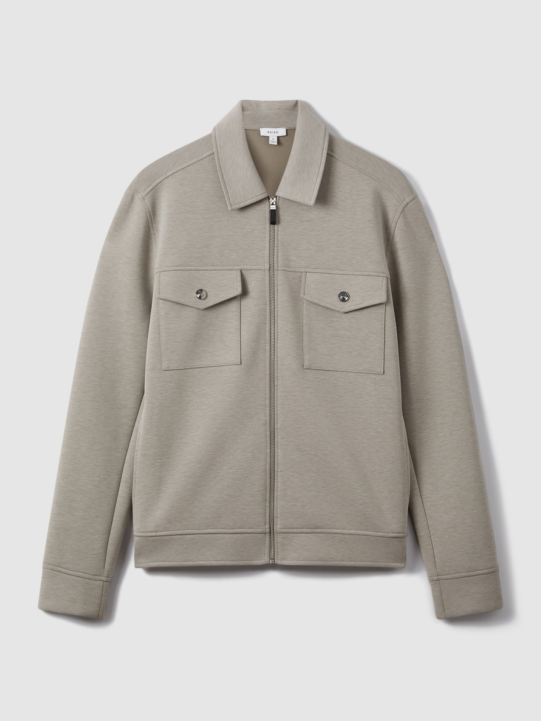 Reiss Interlock Jersey Zip-Through Overshirt in Taupe | REISS