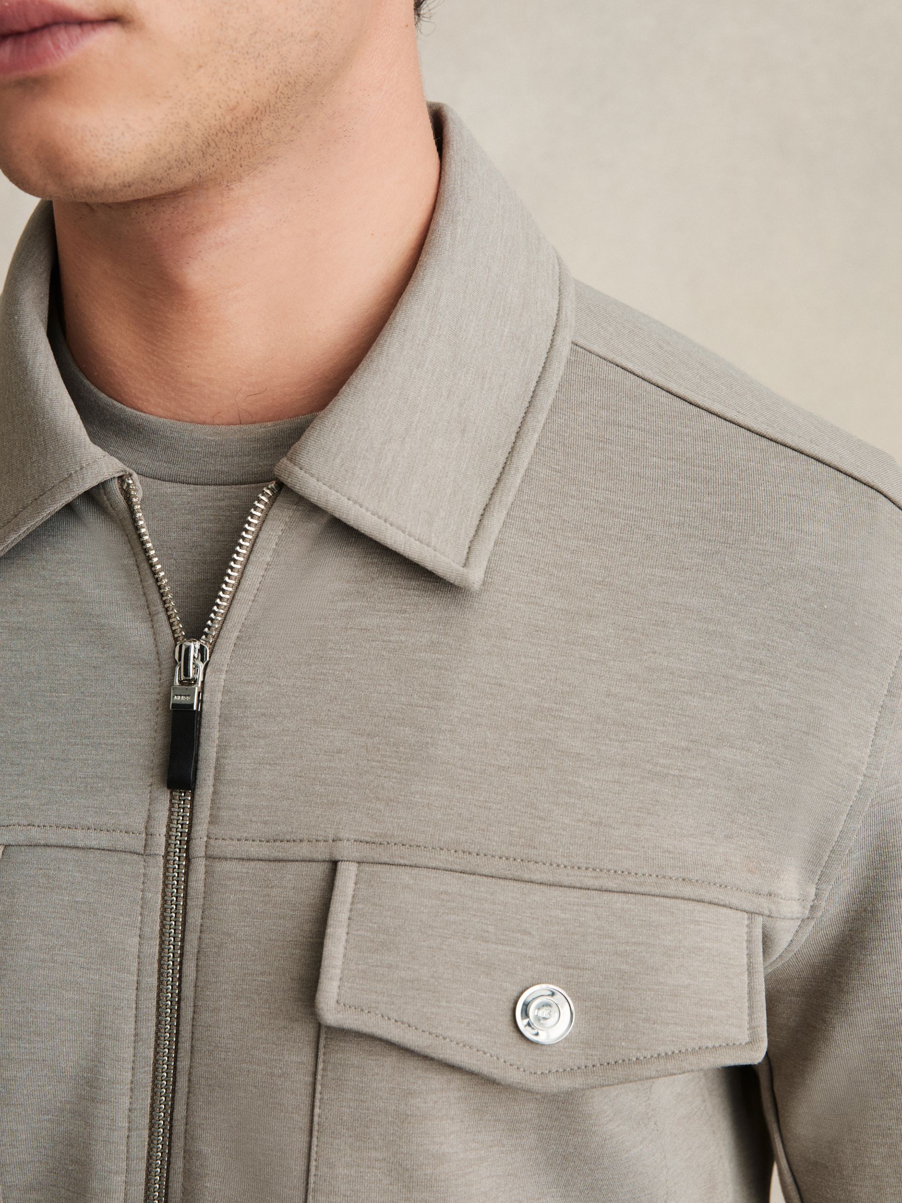 Reiss Interlock Jersey Zip-Through Overshirt in Taupe | REISS
