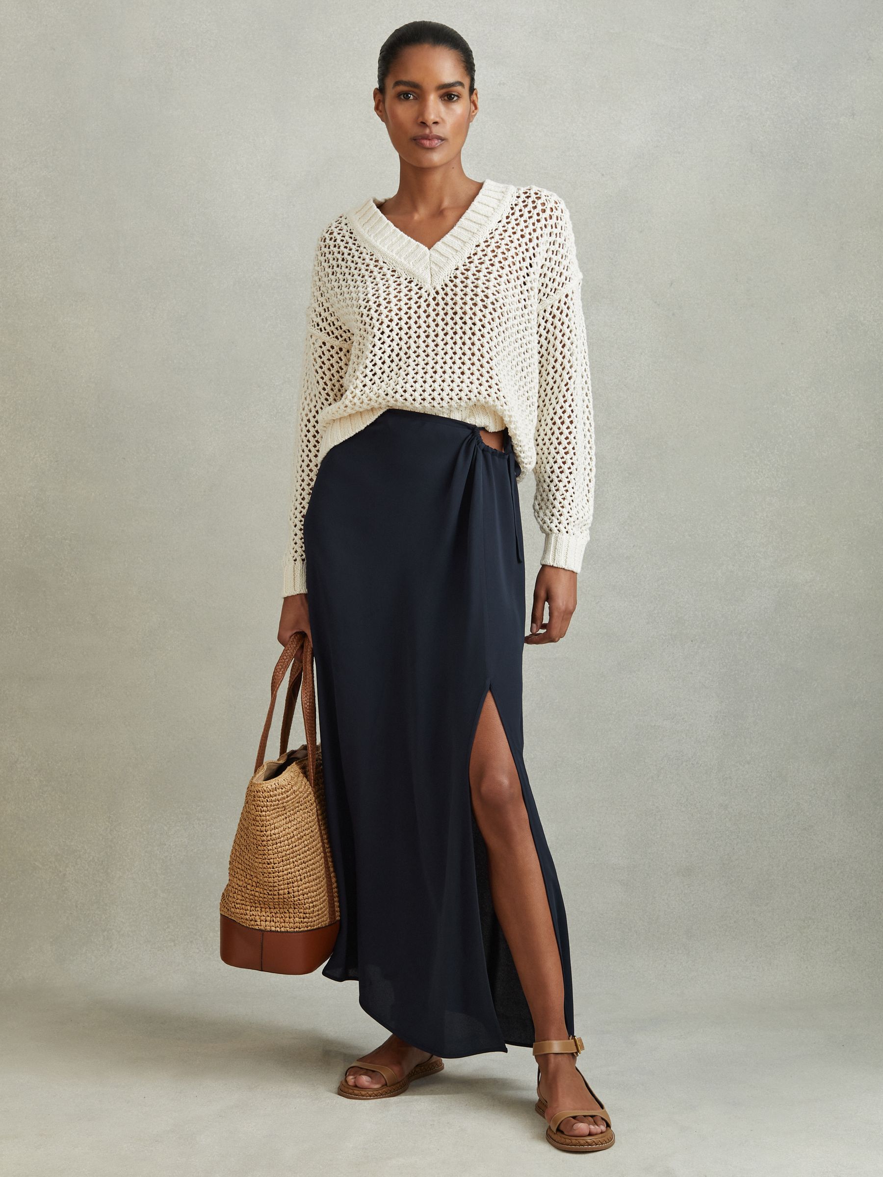 Gathered Side Midi Skirt in Navy - Image 1 of 6