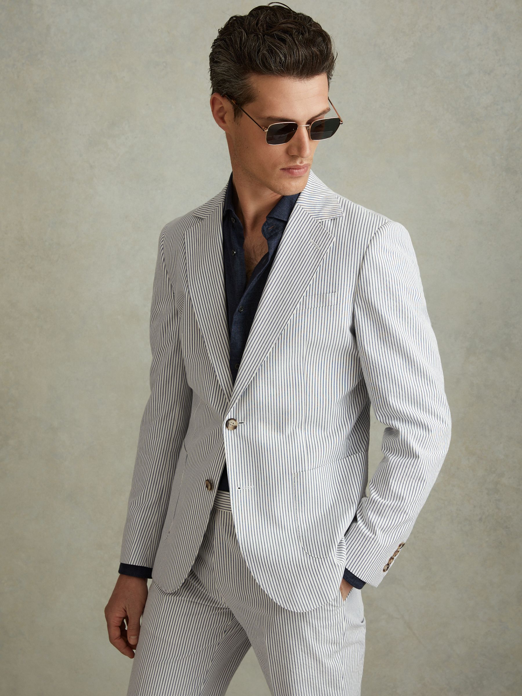 Barr Soft Blue/White Cotton Seersucker Single Breasted Slim Fit Blazer - Image 1 of 7