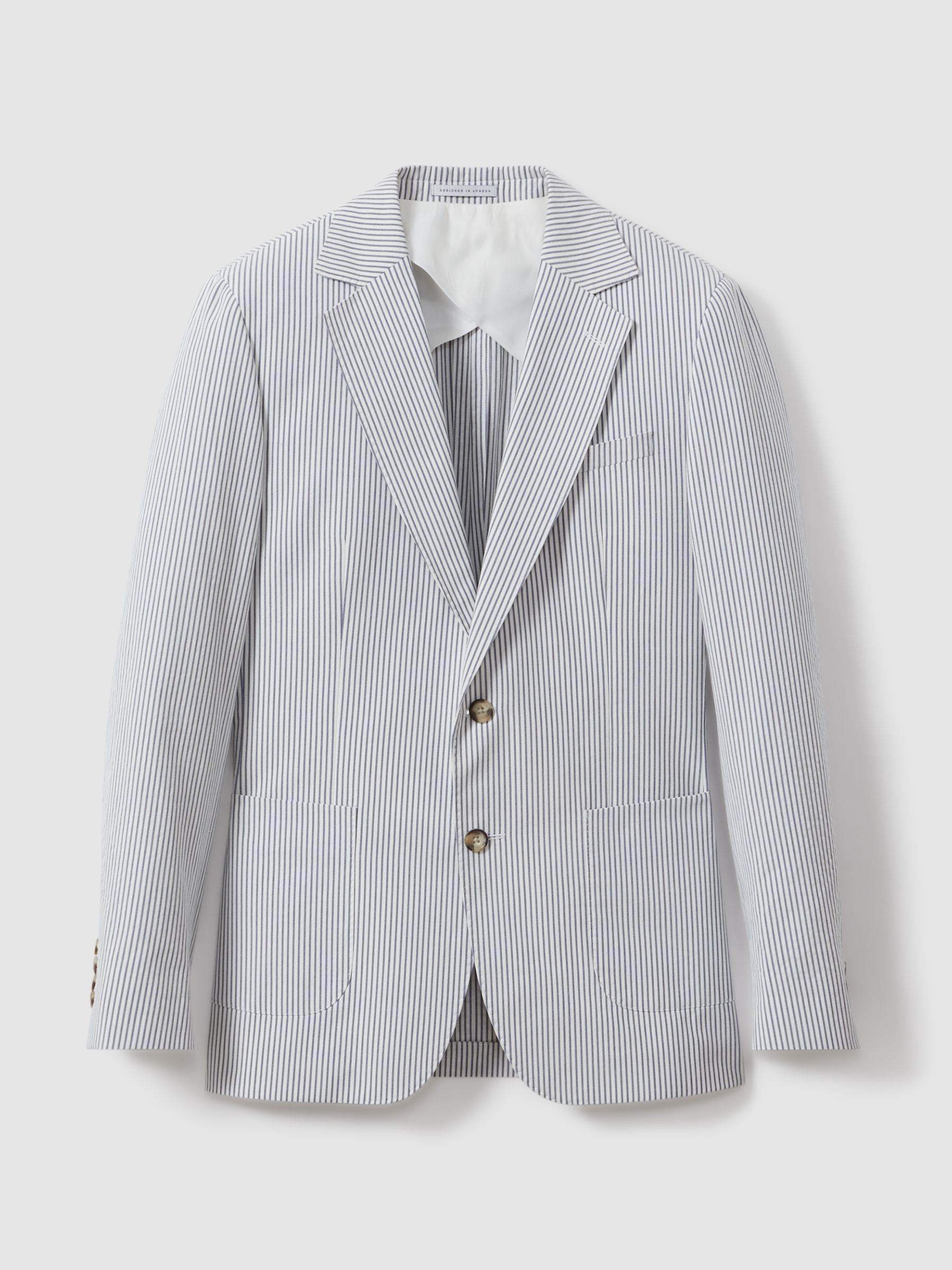 Barr Soft Blue/White Cotton Seersucker Single Breasted Slim Fit Blazer - Image 2 of 7