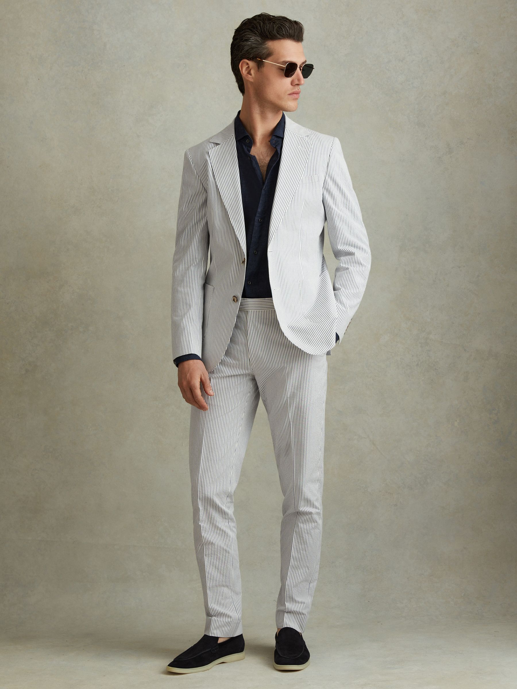 Barr Soft Blue/White Cotton Seersucker Single Breasted Slim Fit Blazer - Image 3 of 7