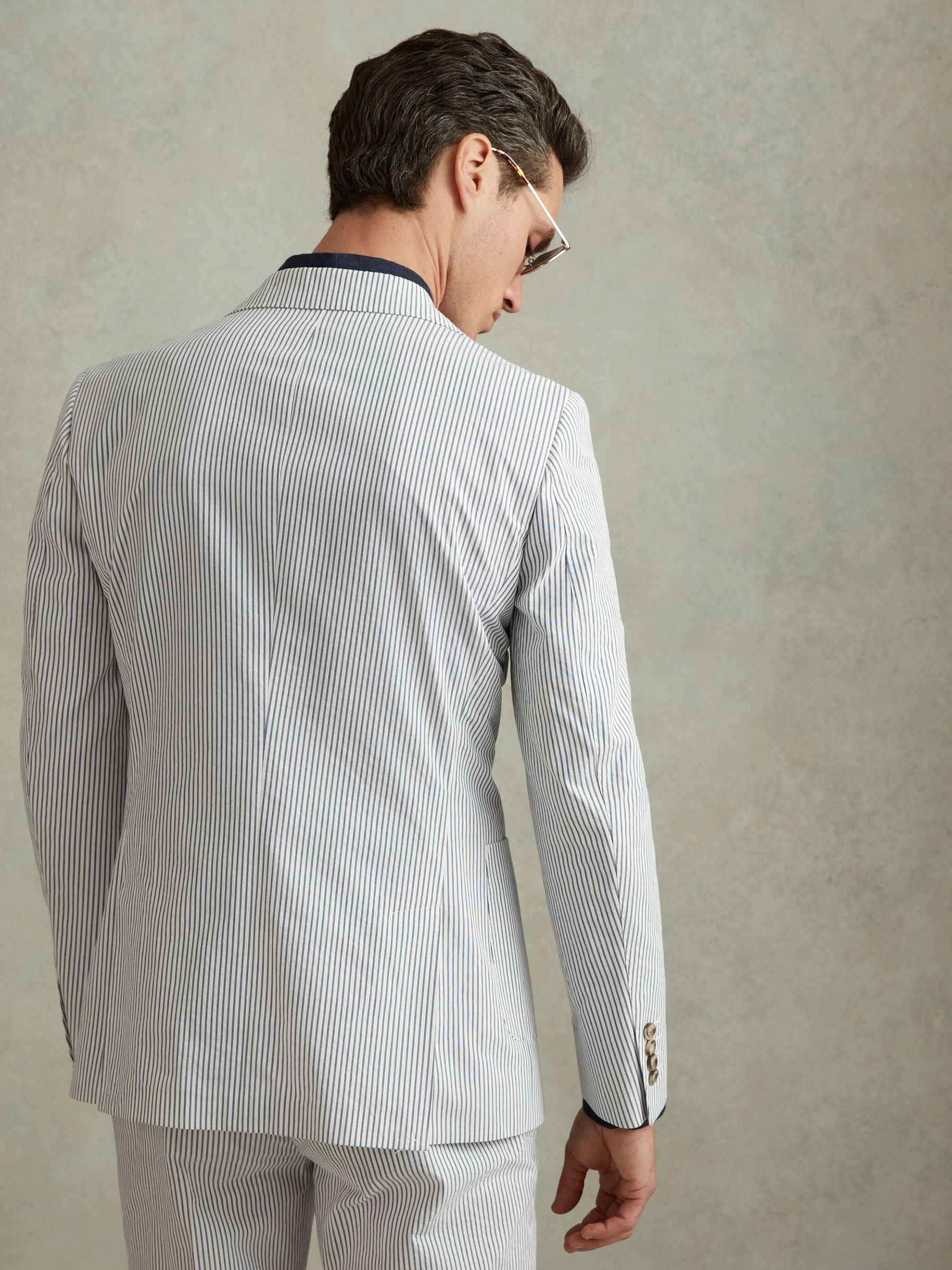 Barr Soft Blue/White Cotton Seersucker Single Breasted Slim Fit Blazer - Image 5 of 7