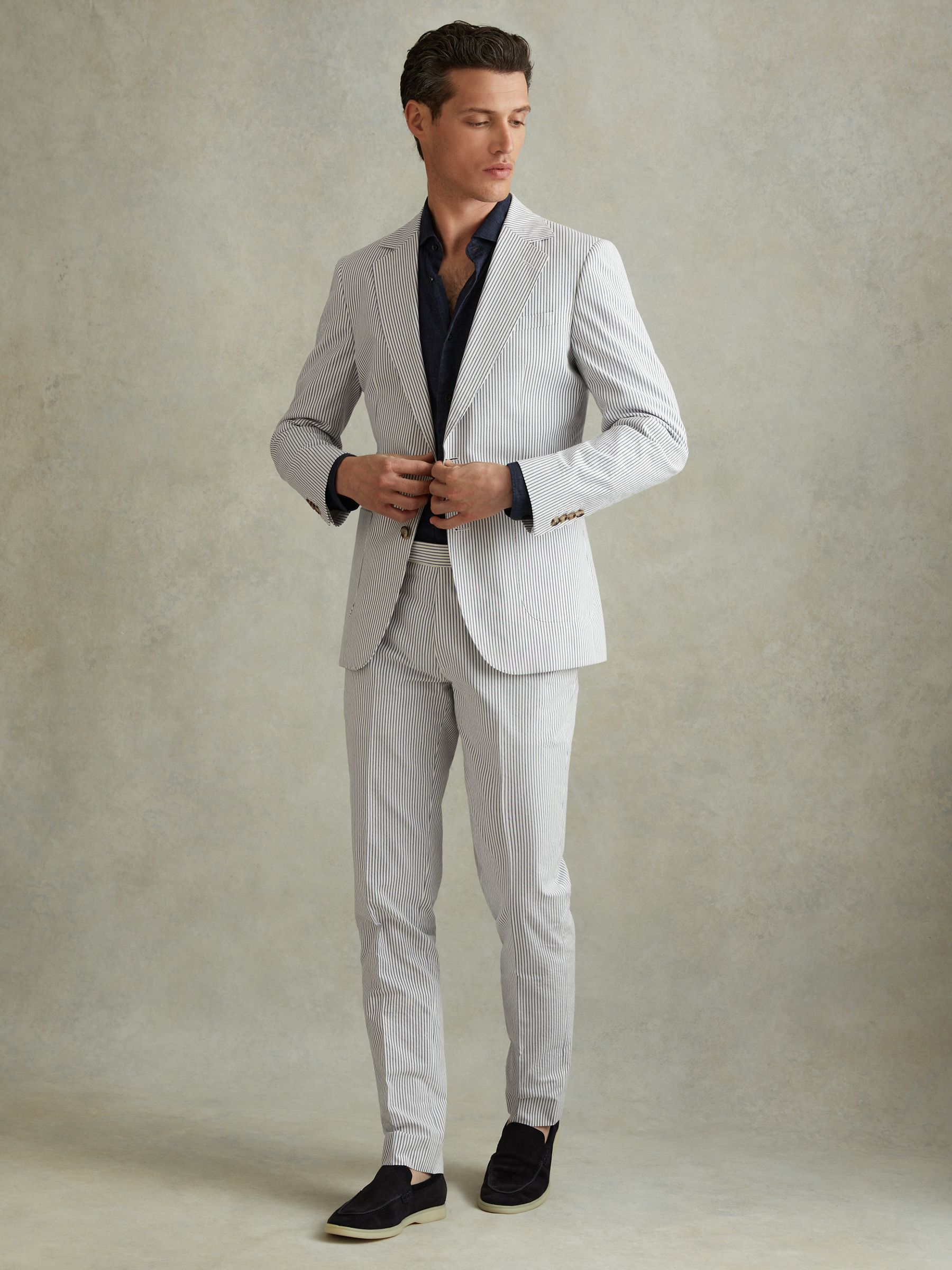 Barr Soft Blue/White Cotton Seersucker Adjuster Slim Fit Trousers - Image 3 of 5