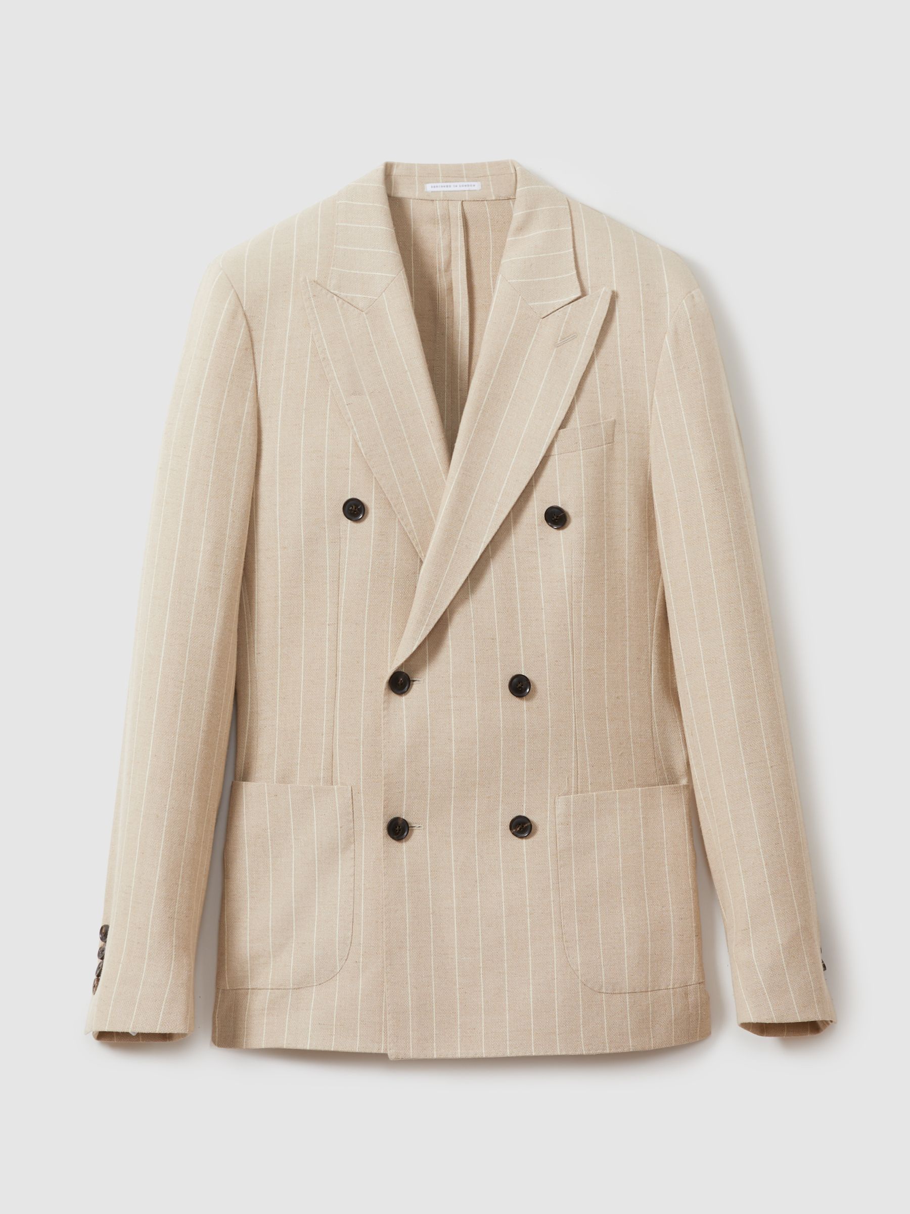 Slim Fit Double Breasted Striped Blazer in Oatmeal - Image 2 of 7