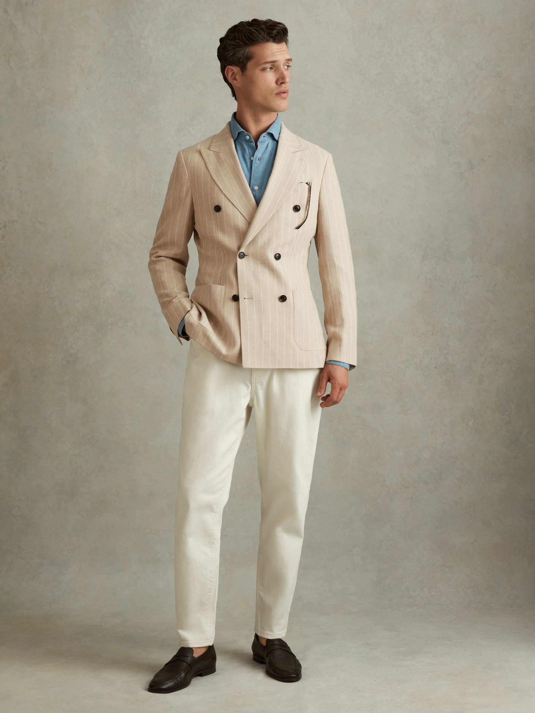 Slim Fit Double Breasted Striped Blazer in Oatmeal - Image 3 of 7