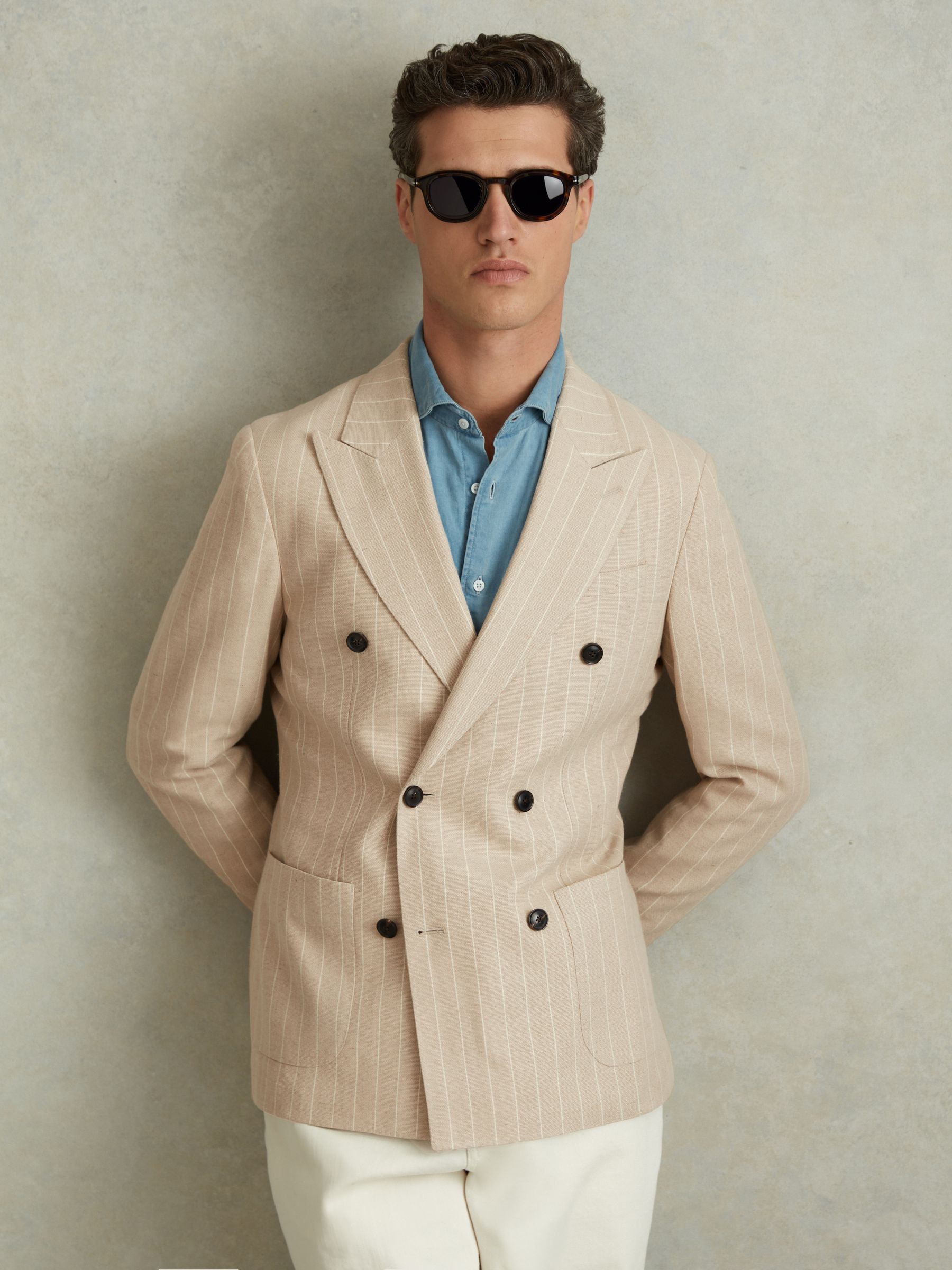 Slim Fit Double Breasted Striped Blazer in Oatmeal - Image 4 of 7