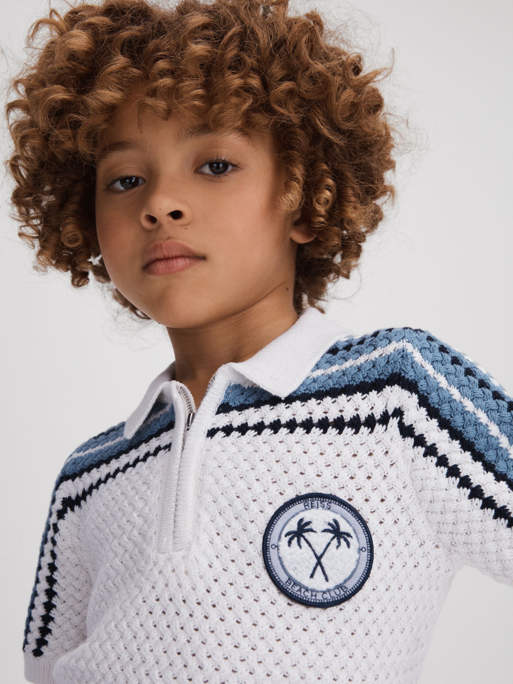 13-14 yrs Textured Cotton Half-Zip Polo Shirt in Optic White - Image 3 of 4