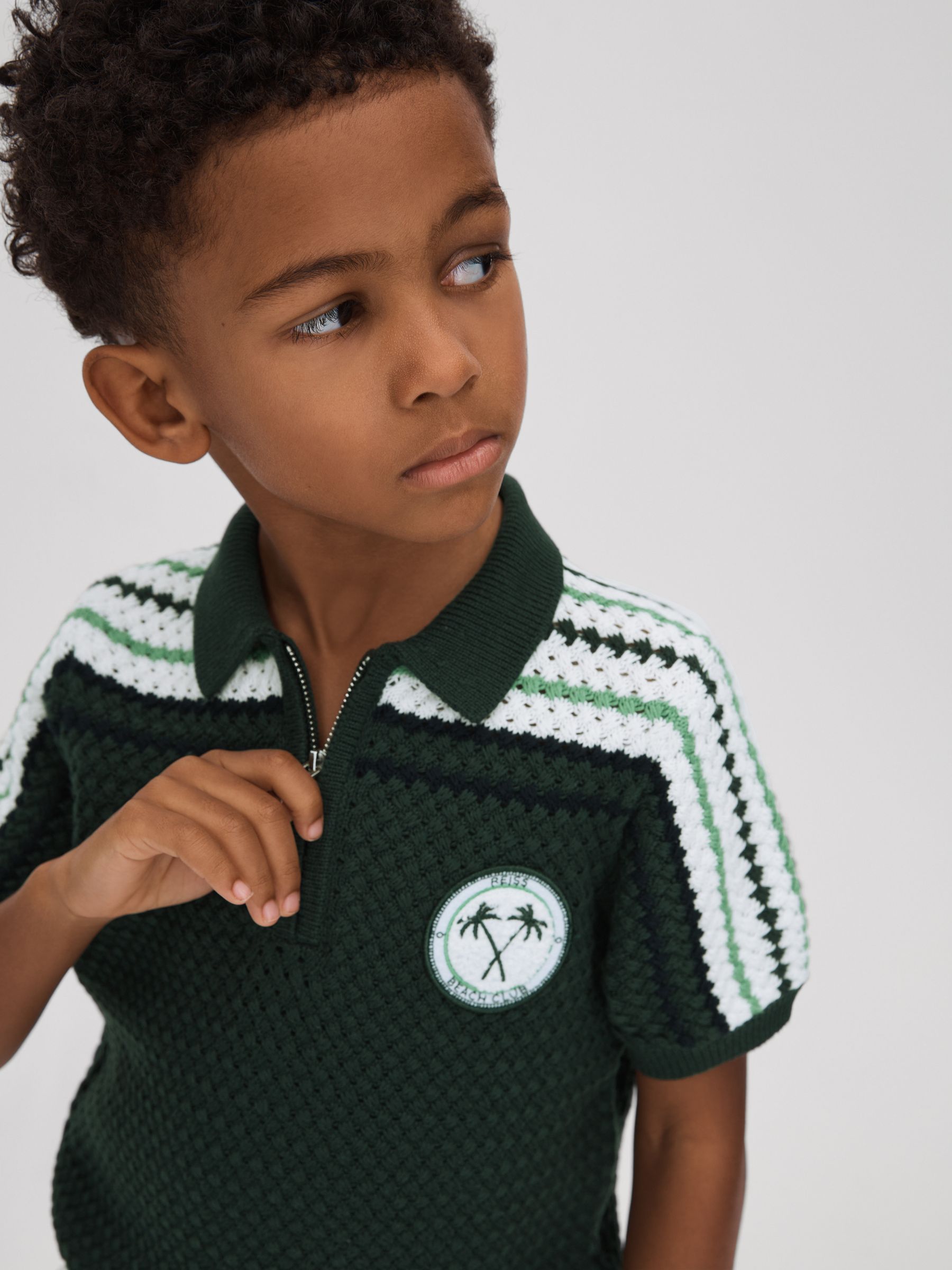 13-14 yrs Textured Cotton Half-Zip Polo Shirt in Dark Green - Image 3 of 4