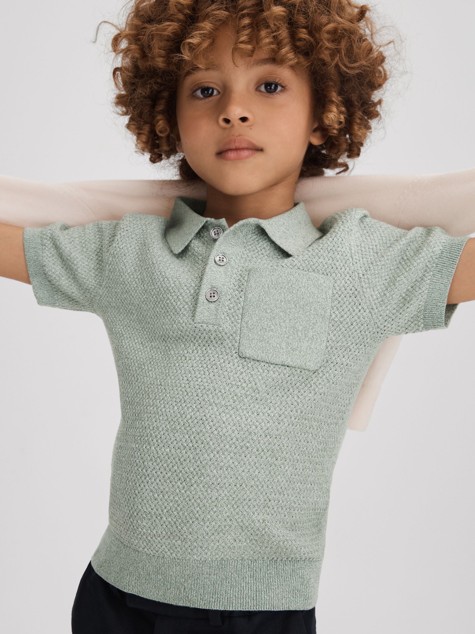 13-14 yrs Textured Cotton Polo Shirt in Sage Melange - Image 3 of 4