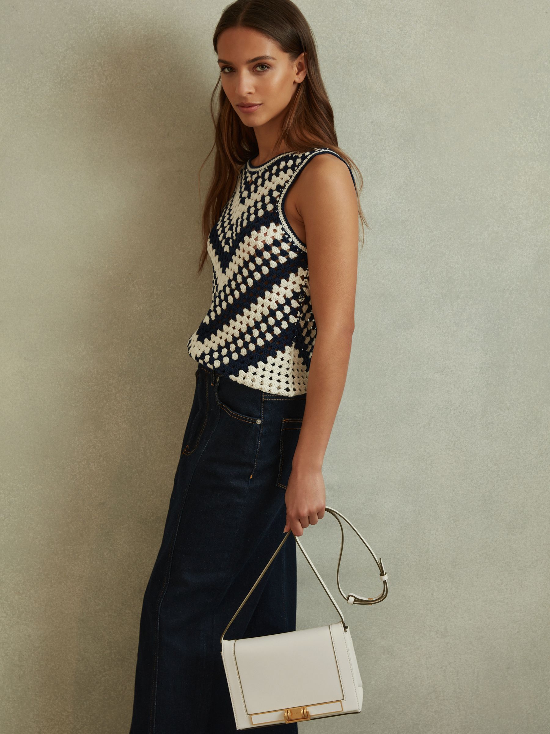 Reiss Soft Leather Crossbody Bag in Off White - REISS