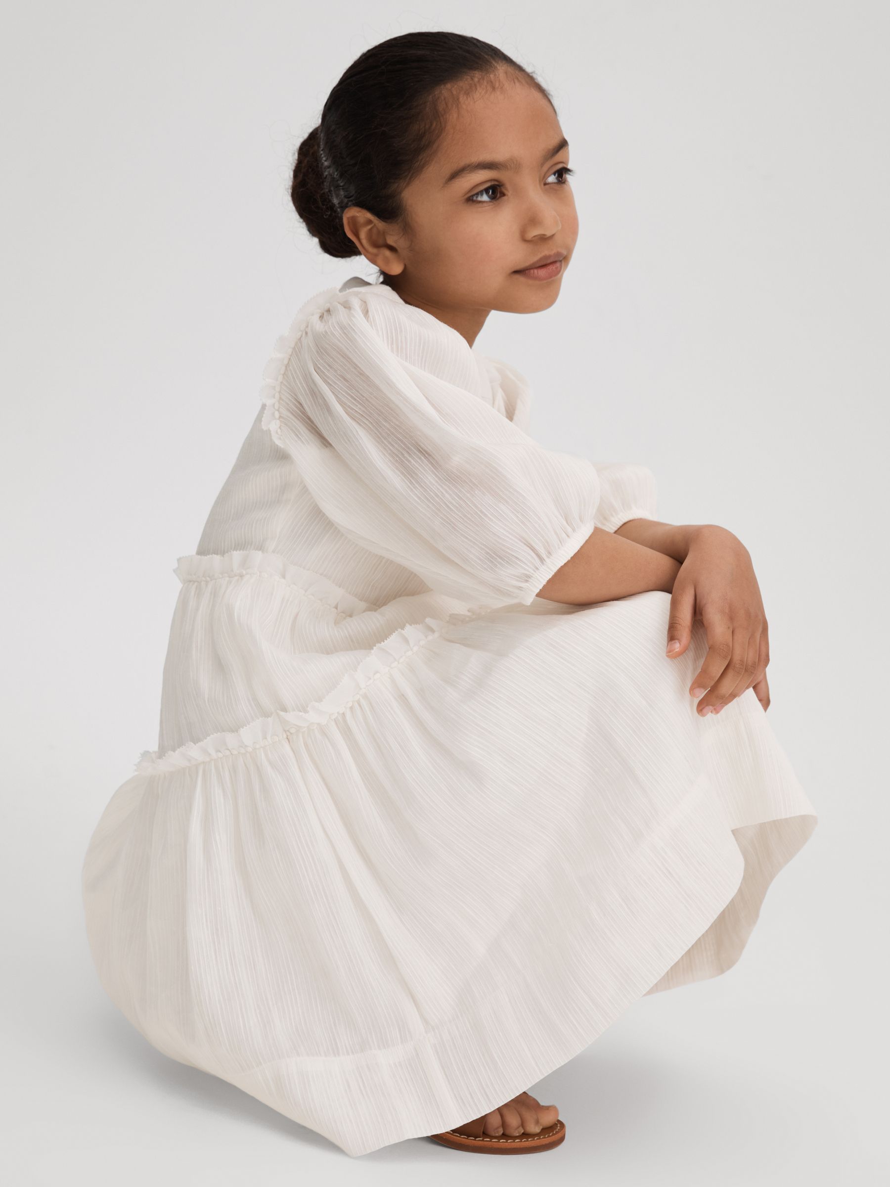 9-13 yrs Tiered Linen Blend Puff Sleeve Dress in Ivory - Image 1 of 4