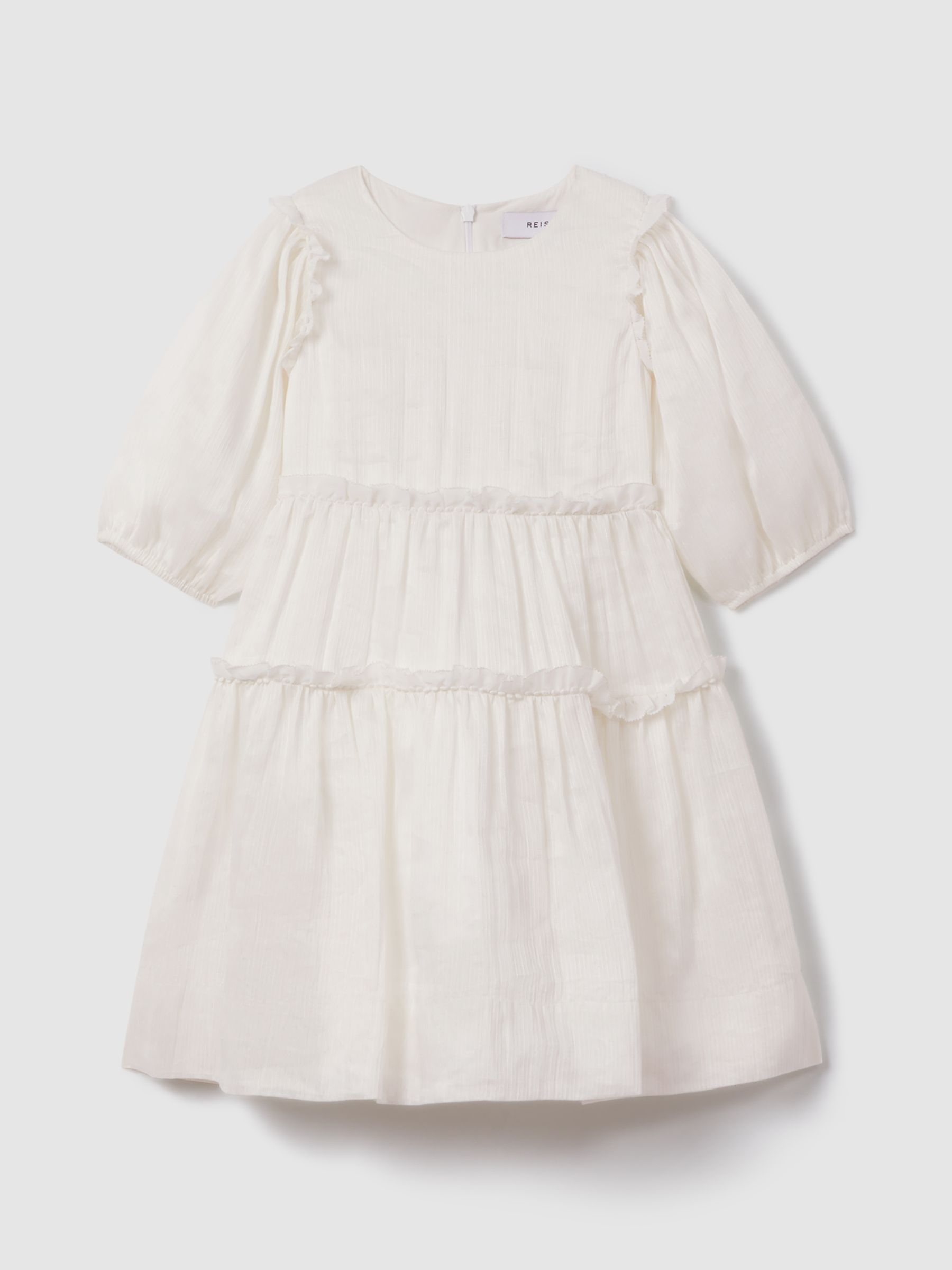 9-13 yrs Tiered Linen Blend Puff Sleeve Dress in Ivory - Image 2 of 4