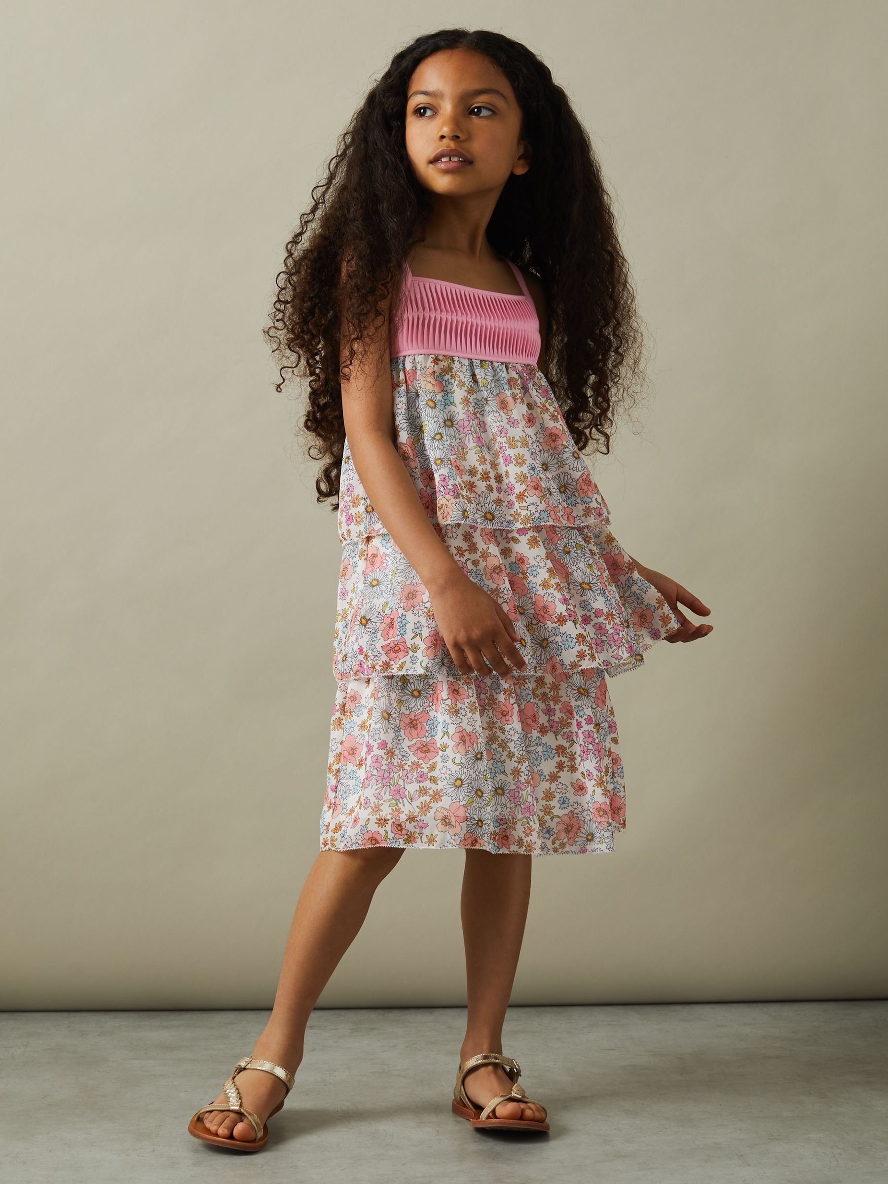 13-14 yrs Floral Print Tiered Dress in Pink Print - Image 2 of 5