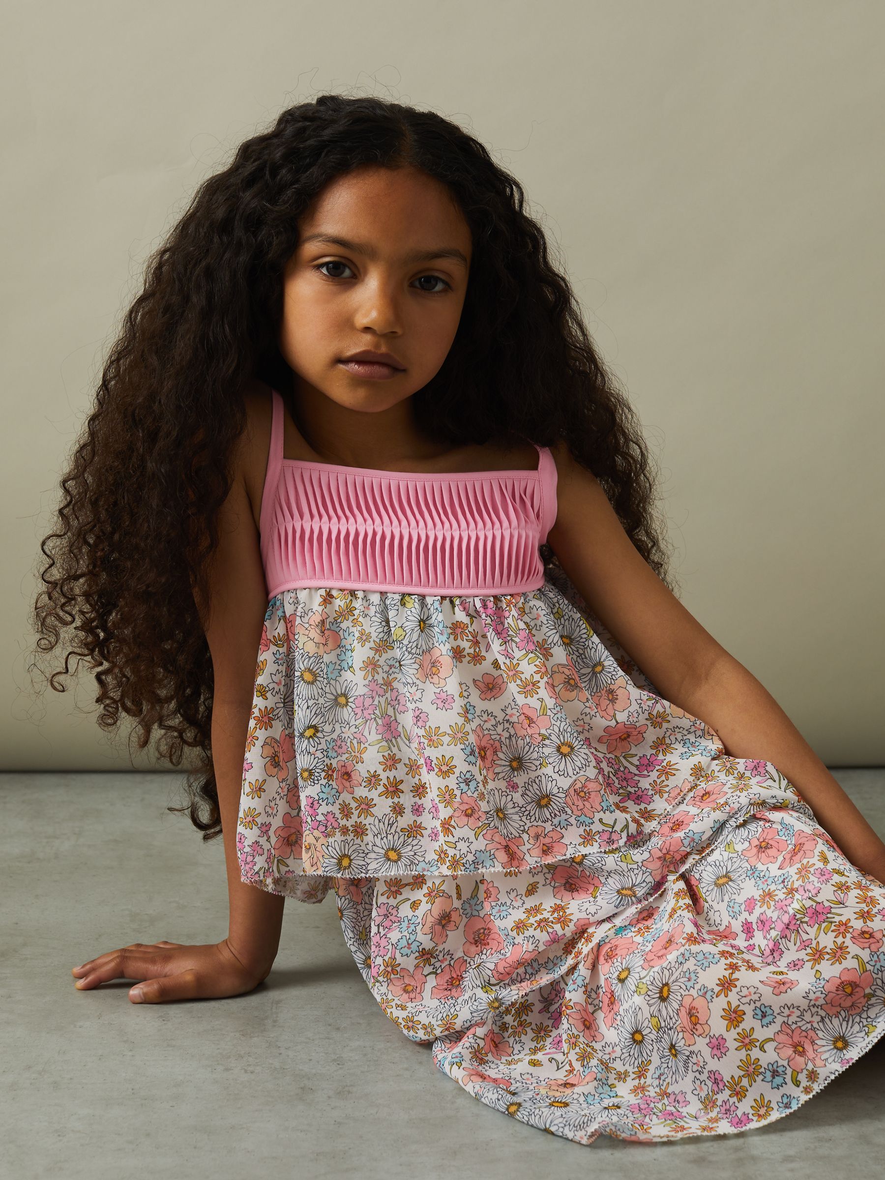13-14 yrs Floral Print Tiered Dress in Pink Print - Image 3 of 5