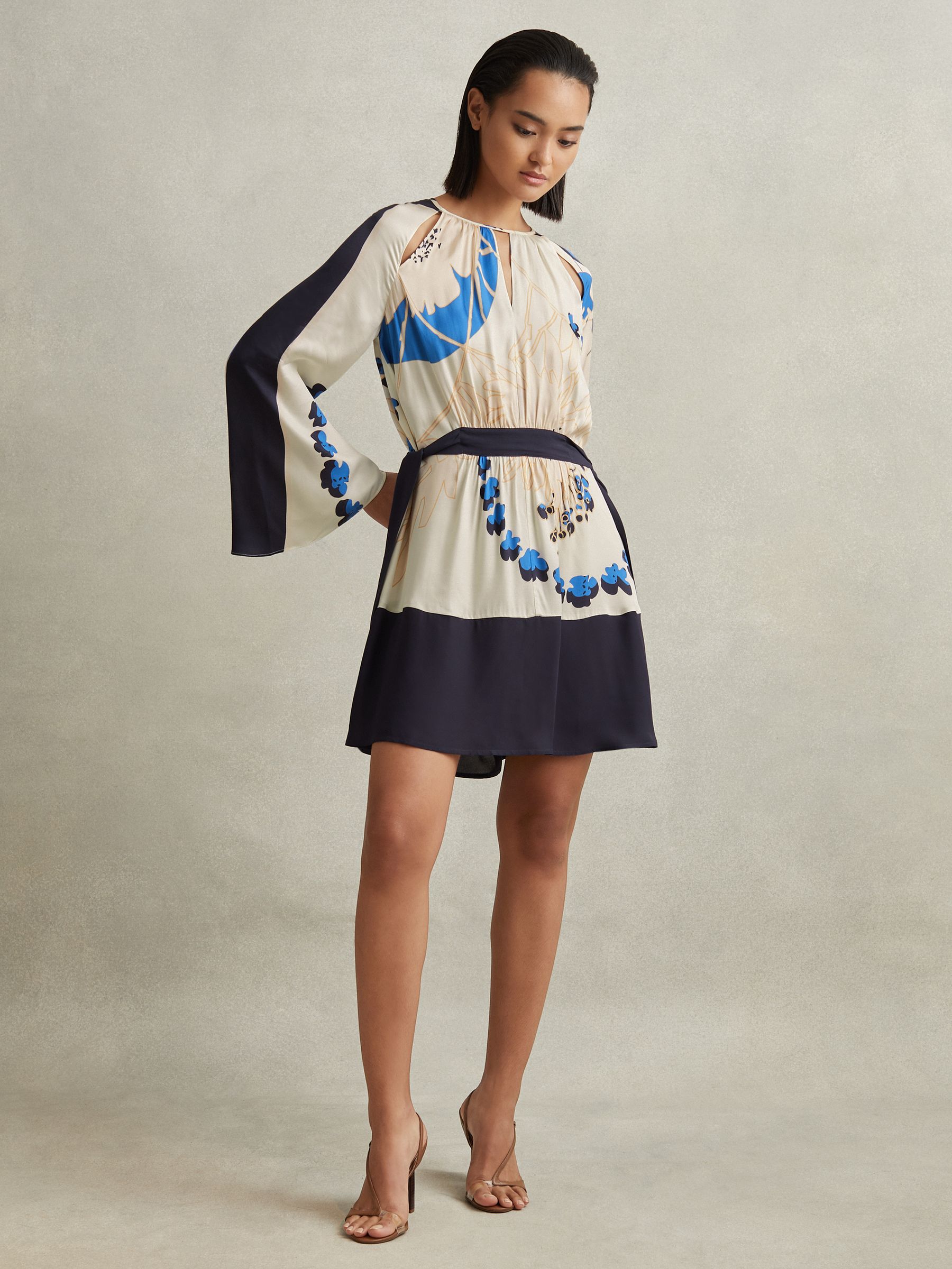 Printed Side Tie Mini Dress in Navy/Blue - Image 3 of 6