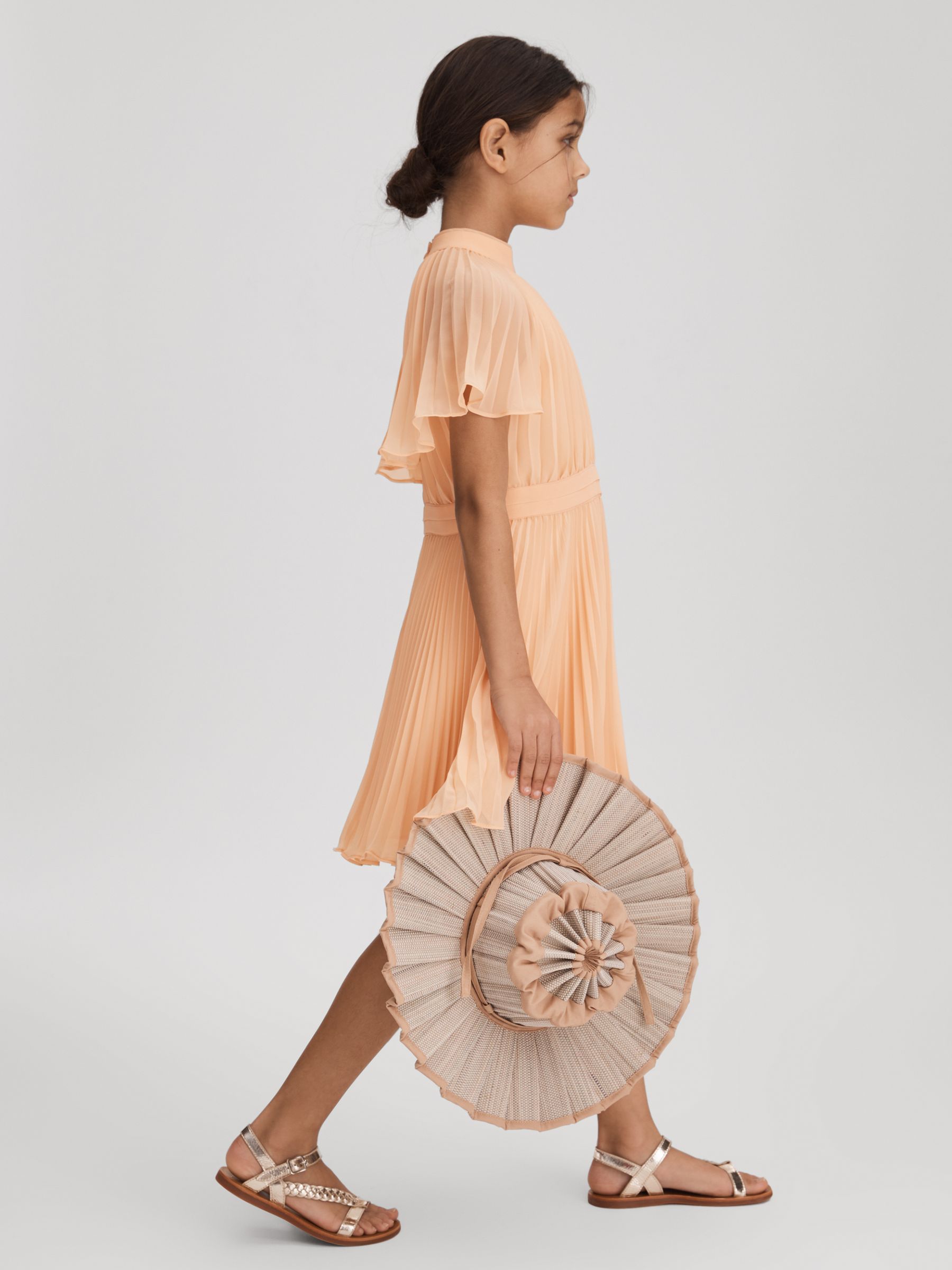 9-13 yrs Pleated Cape Sleeve Dress in Apricot - Image 3 of 4