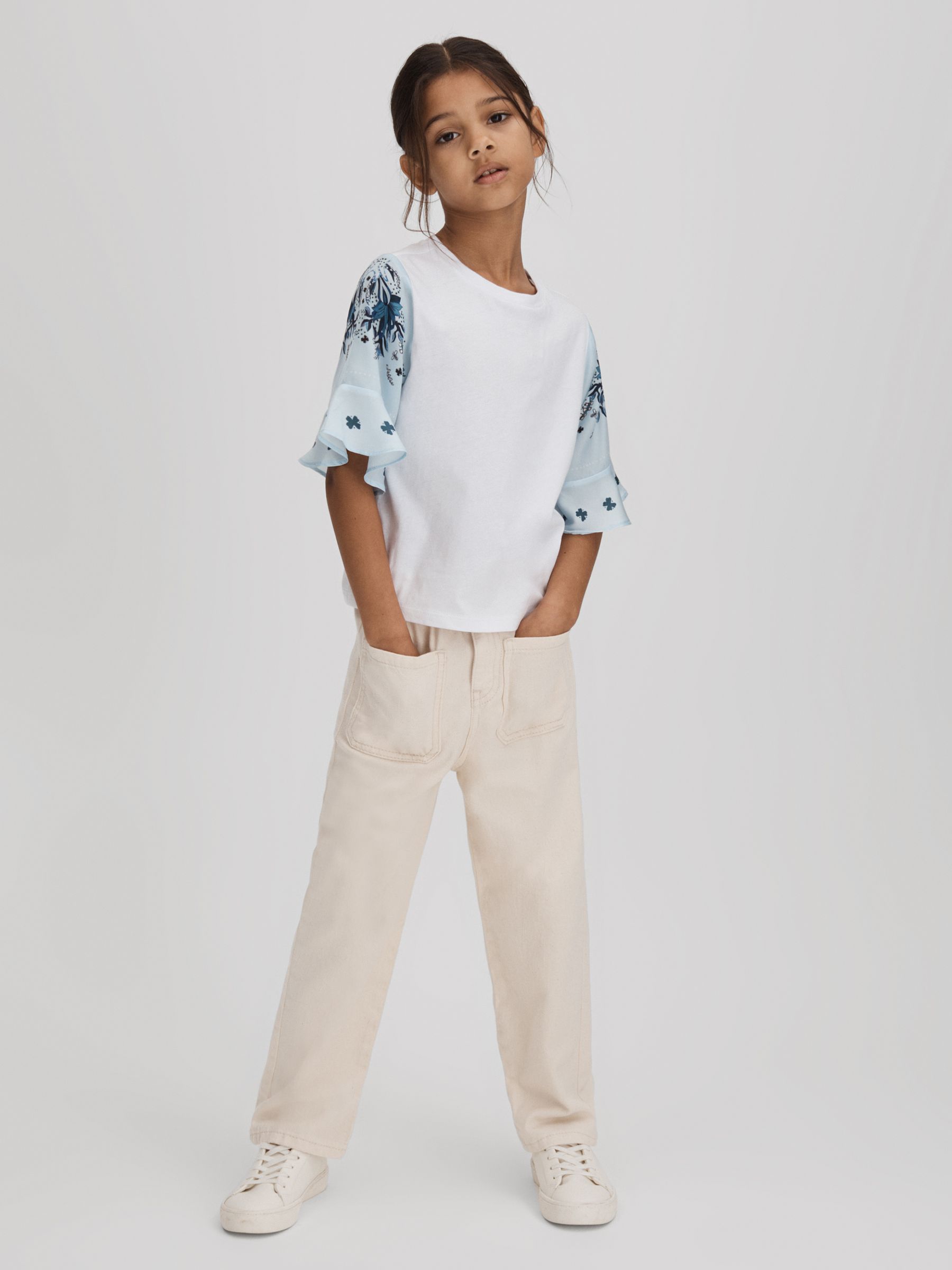 9-13 yrs Flute Sleeve Crew Neck T-Shirt in White - Image 1 of 6