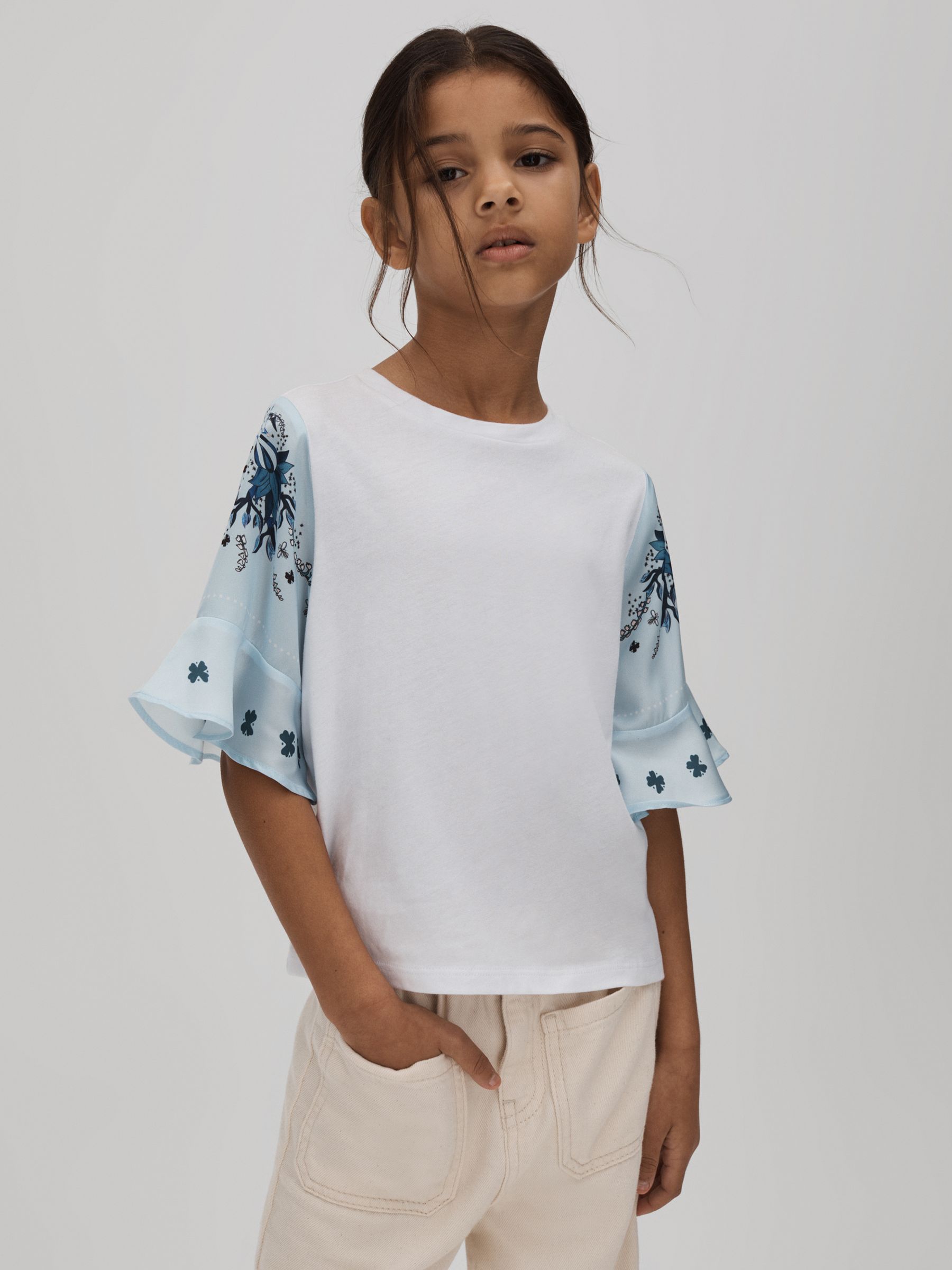 9-13 yrs Flute Sleeve Crew Neck T-Shirt in White - Image 3 of 6