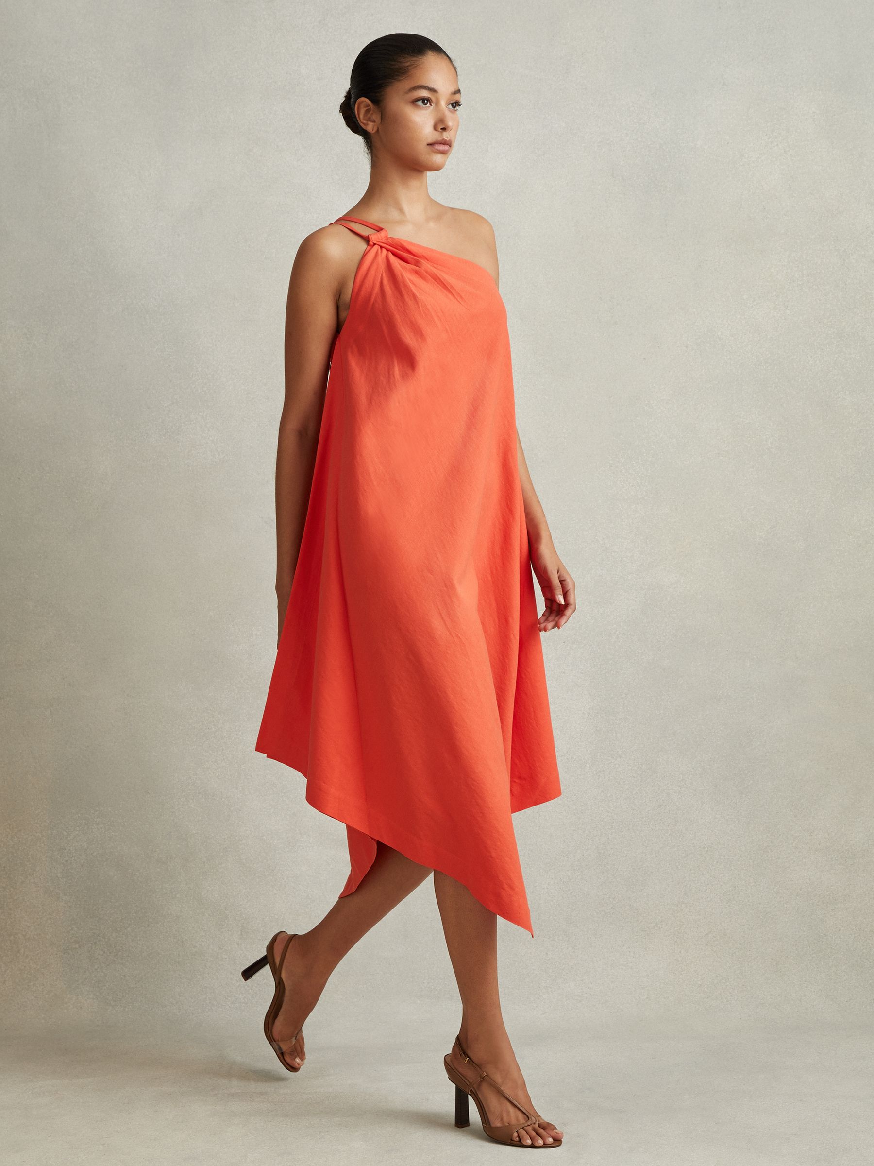 One Shoulder Draped Midi Dress in Orange - Image 3 of 4