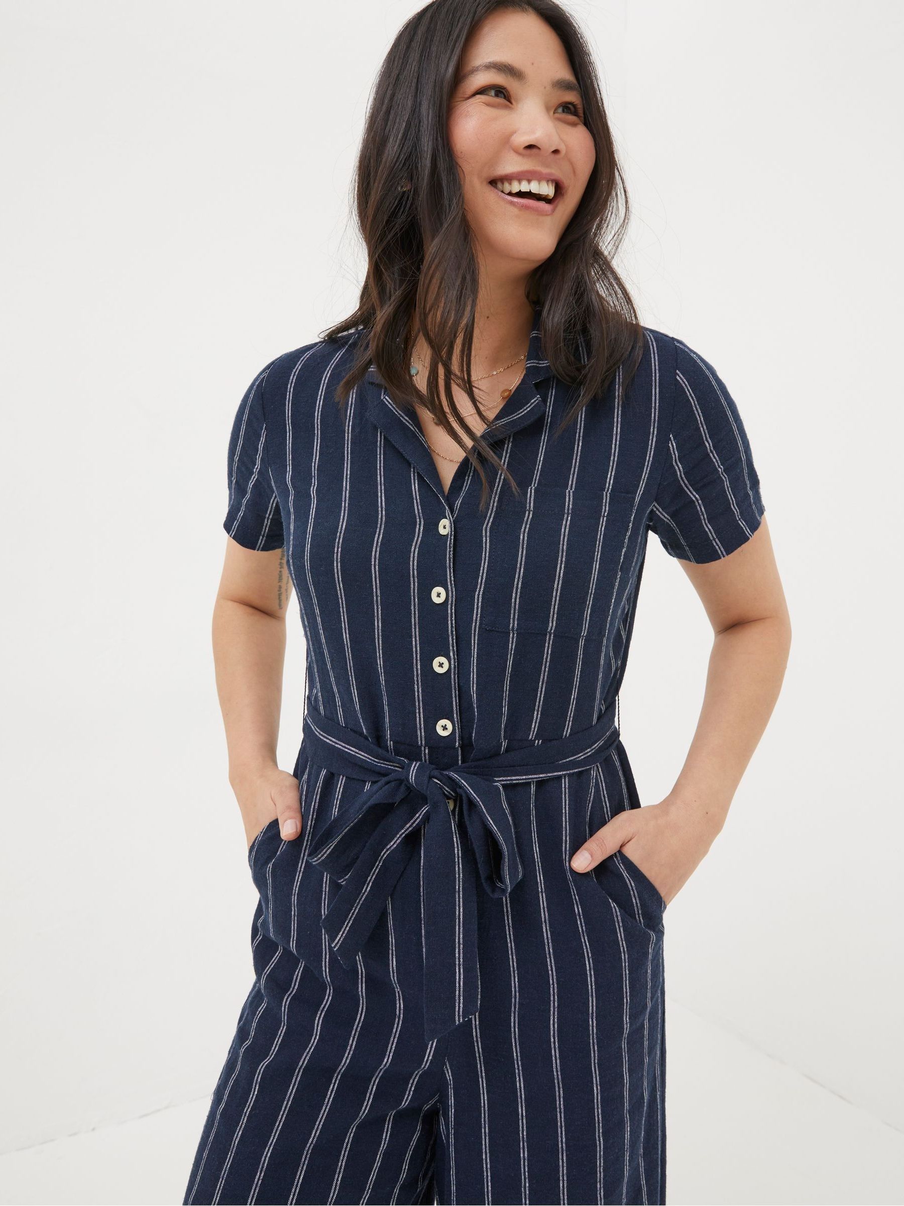Blue Acre Stripe Linen Blend Jumpsuit - Image 4 of 6