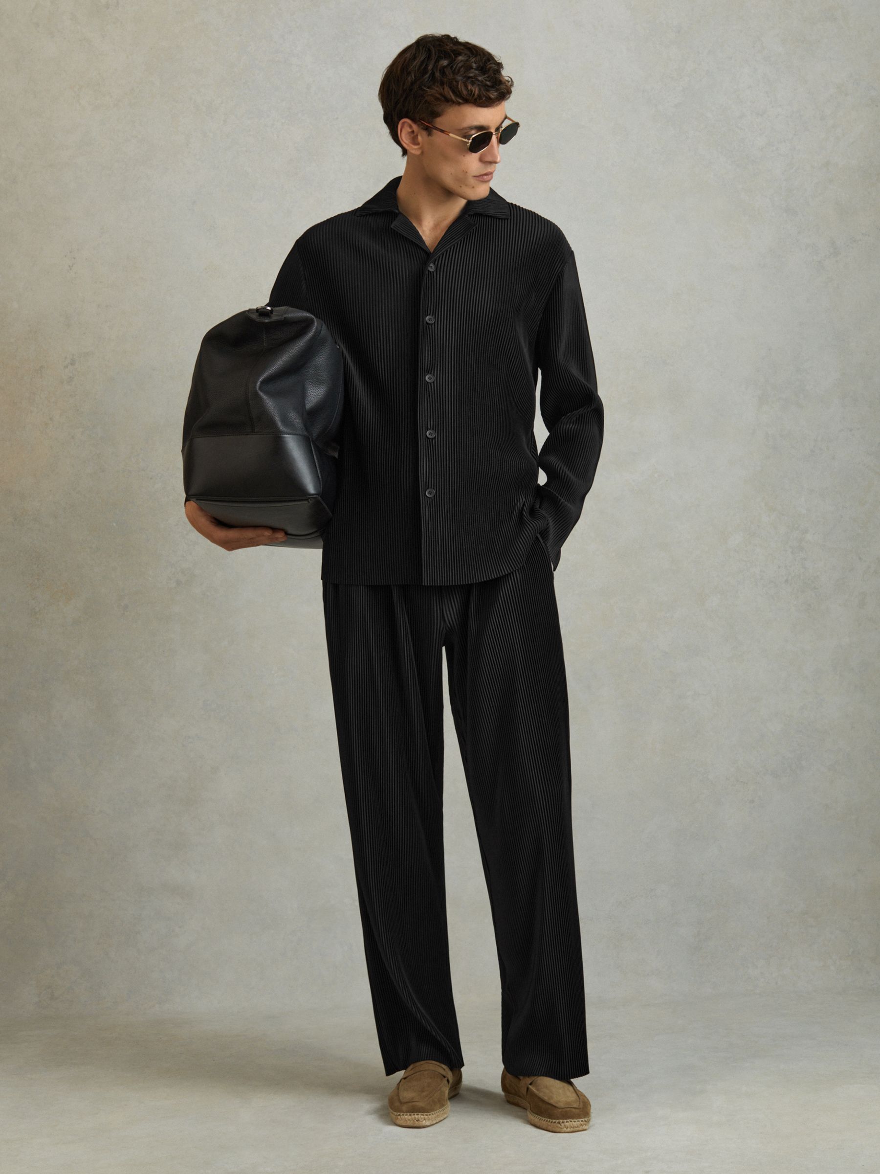 Plisse Cuban Collar Shirt in Black - Image 1 of 5