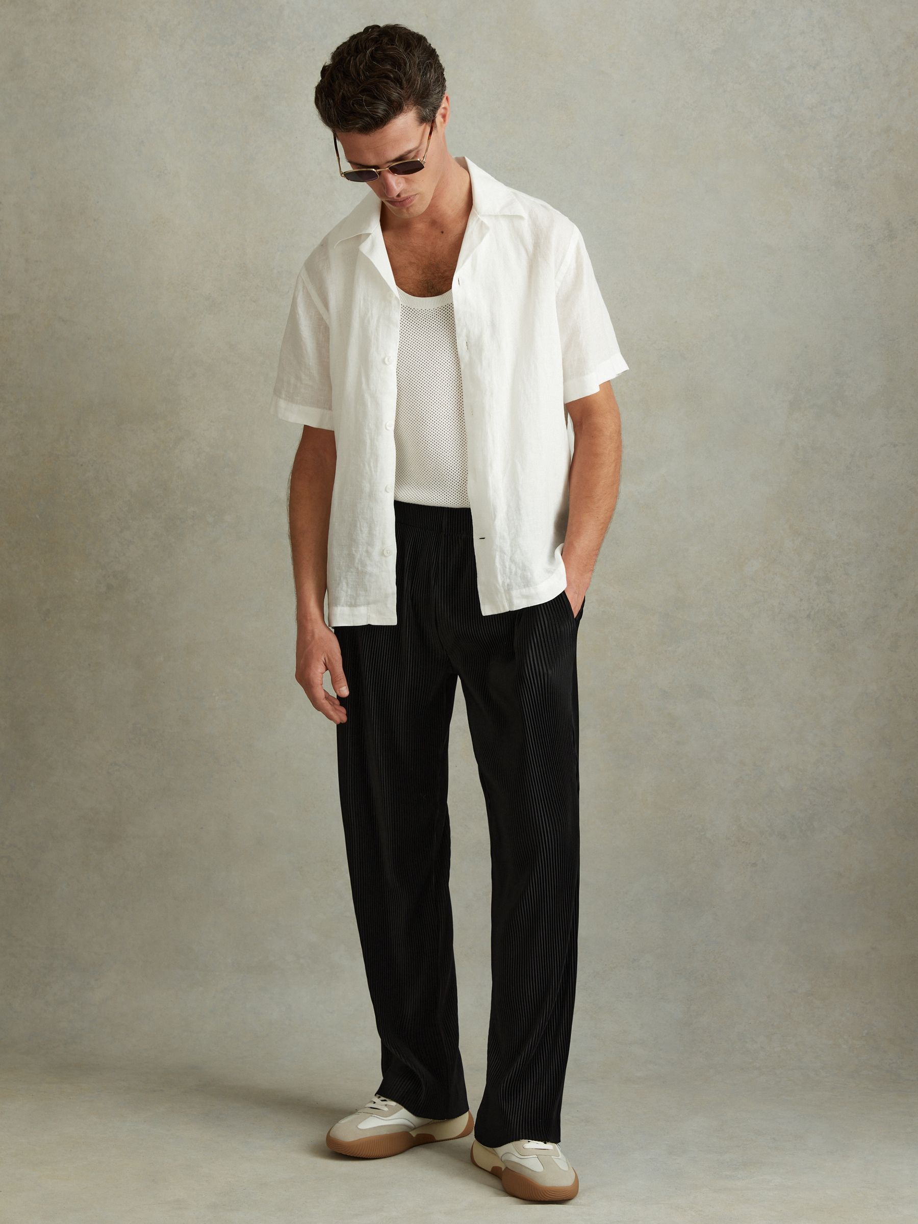 Elasticated Plisse Trousers in Black - Image 1 of 5