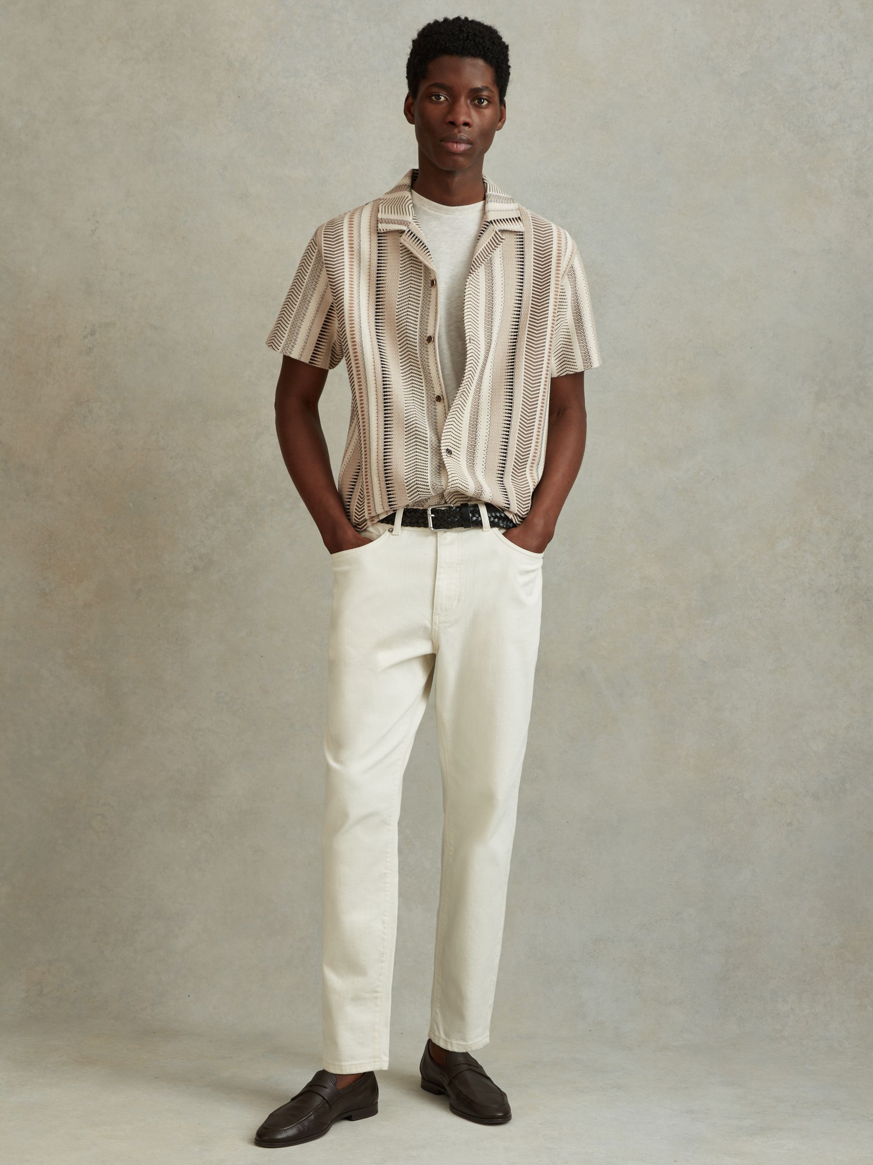 Jacquard Aztec Cuban Collar Shirt in Ecru Multi - Image 1 of 6