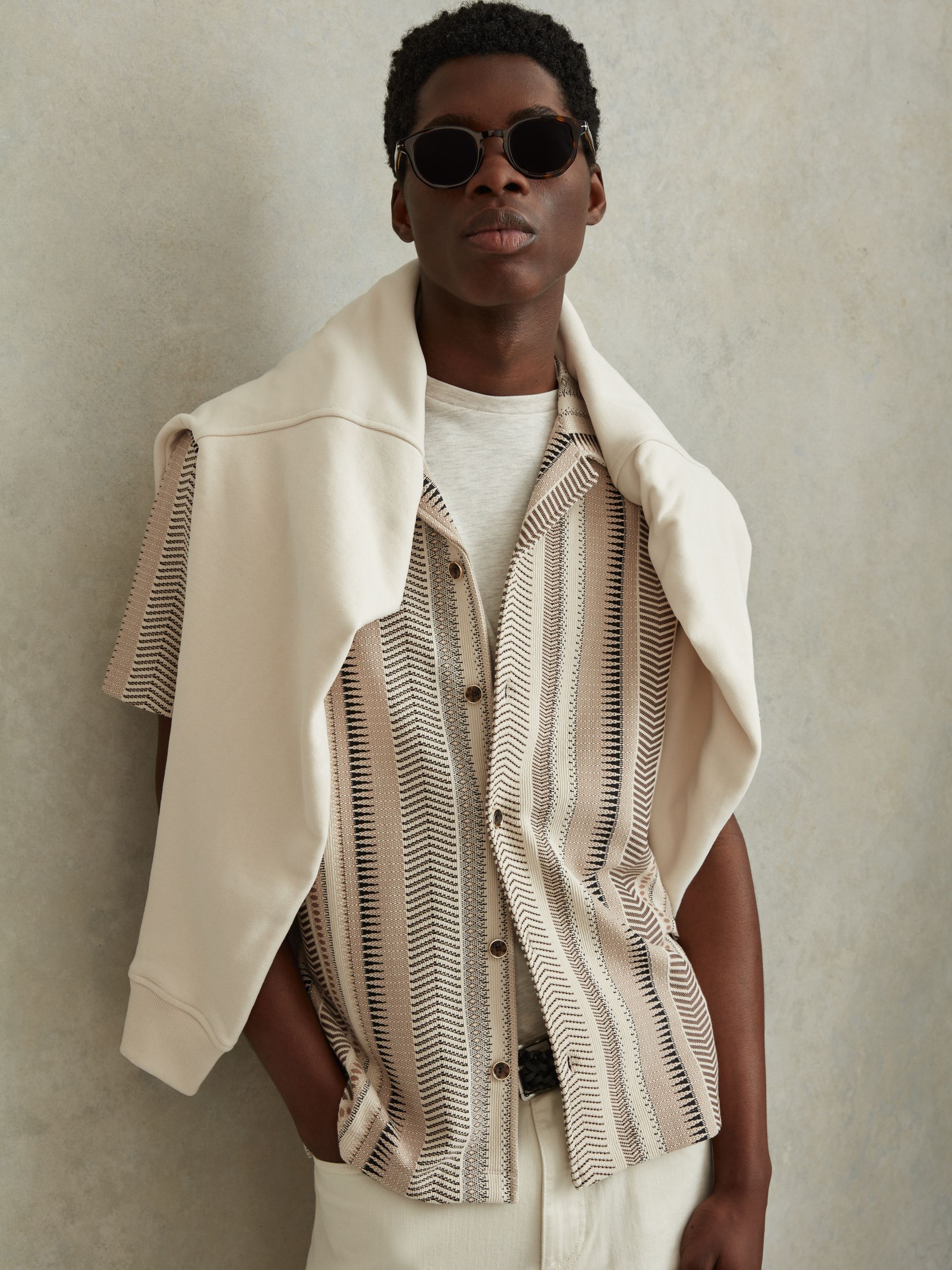 Jacquard Aztec Cuban Collar Shirt in Ecru Multi - Image 4 of 6