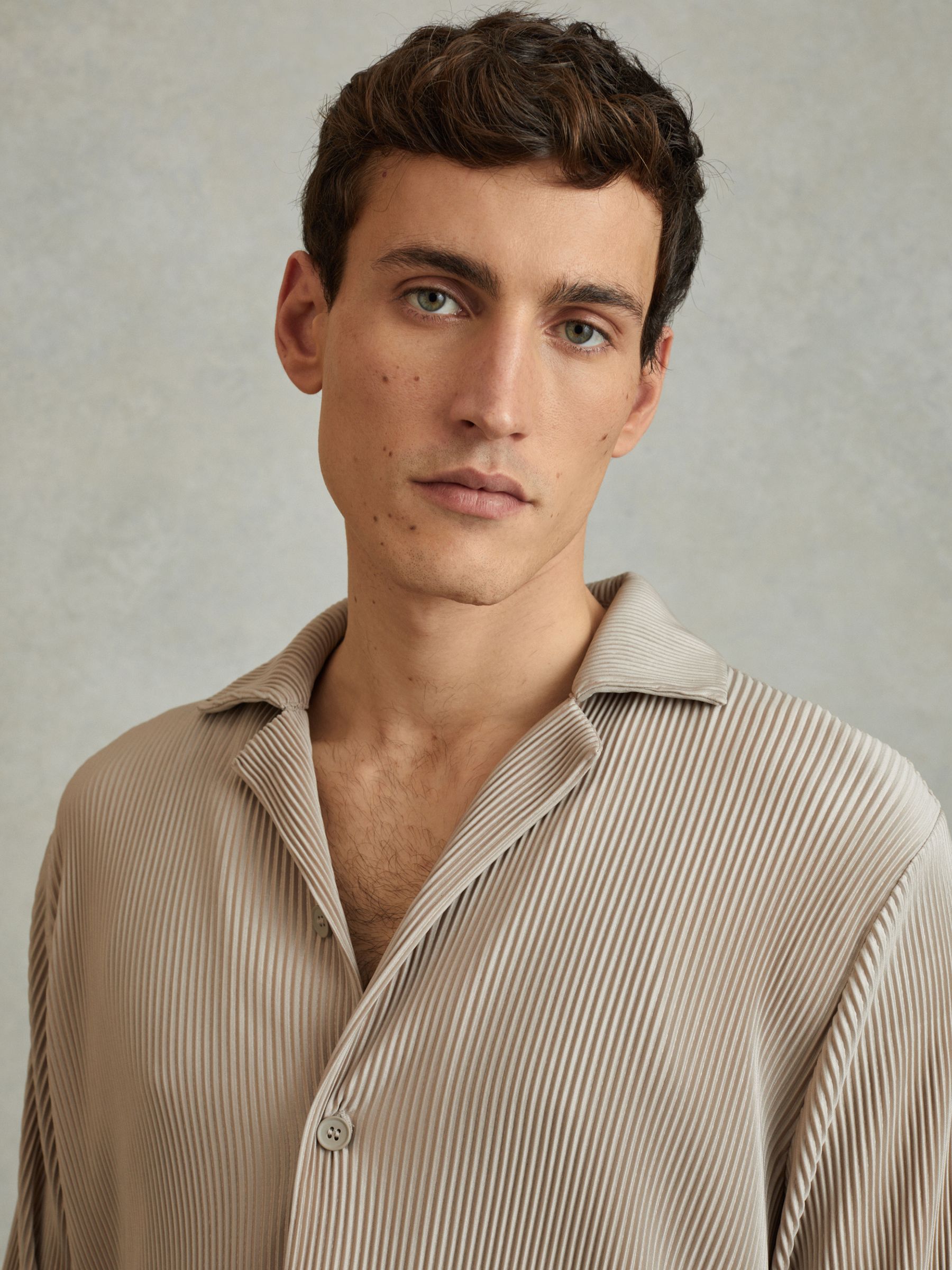 Plisse Cuban Collar Shirt in Champagne - Image 3 of 5
