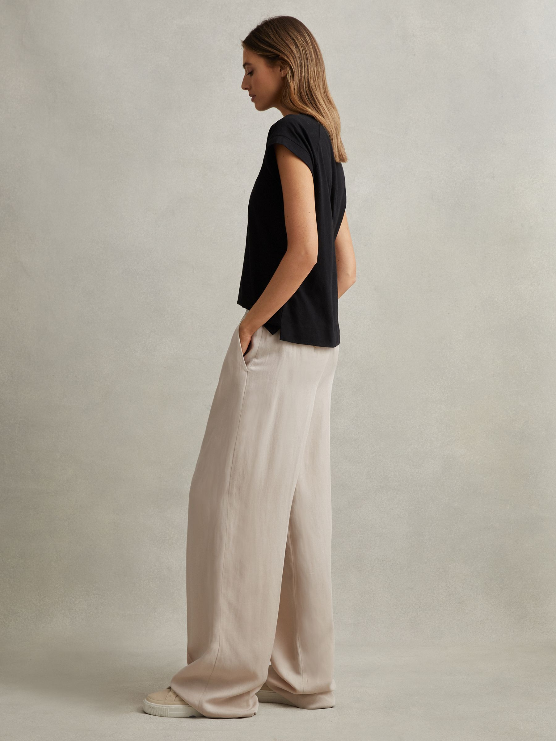 Lyocell-Linen Wide Leg Trousers in Oatmeal - Image 1 of 6