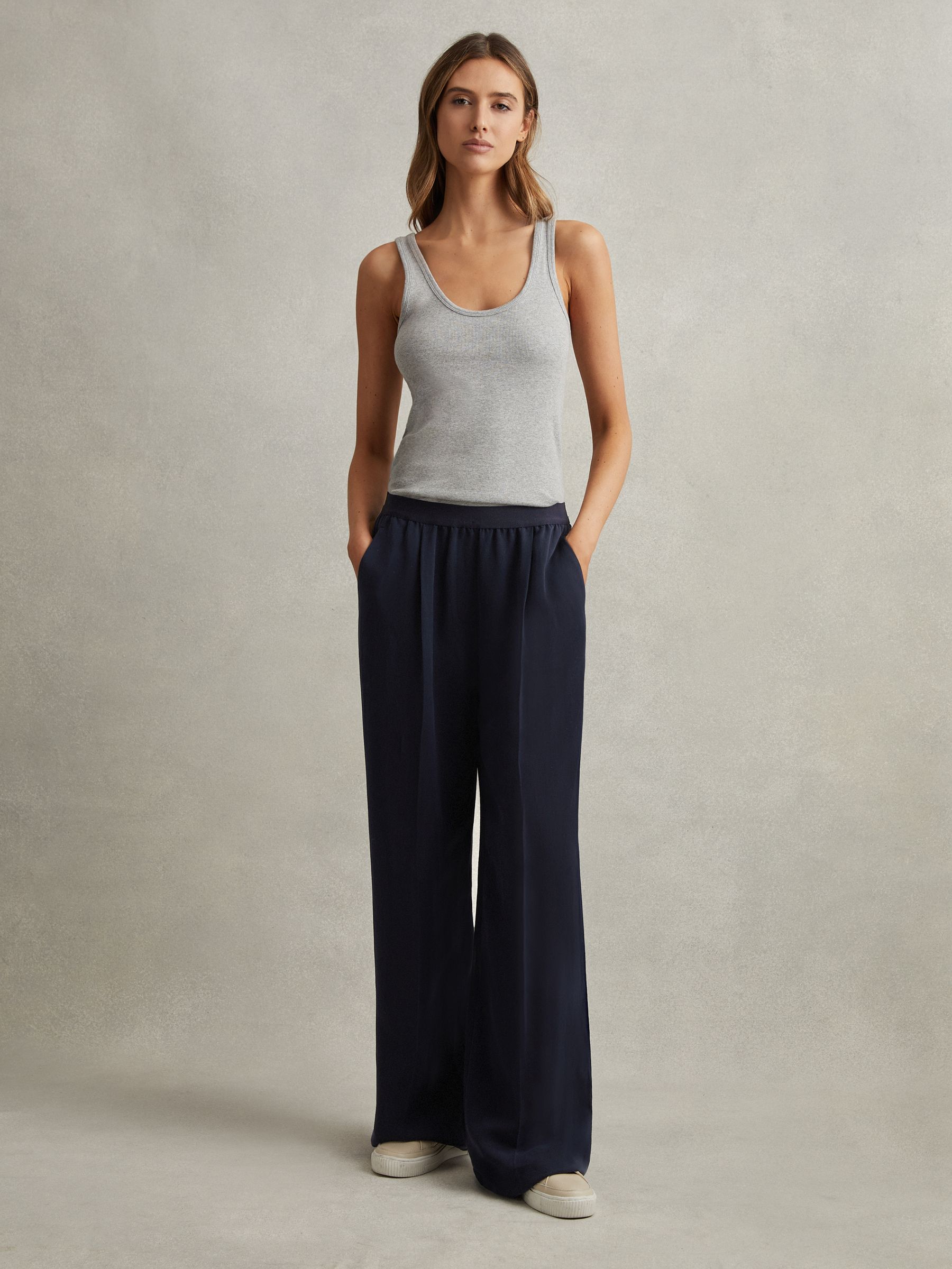 Lyocell-Linen Wide Leg Trousers in Navy - Image 1 of 6
