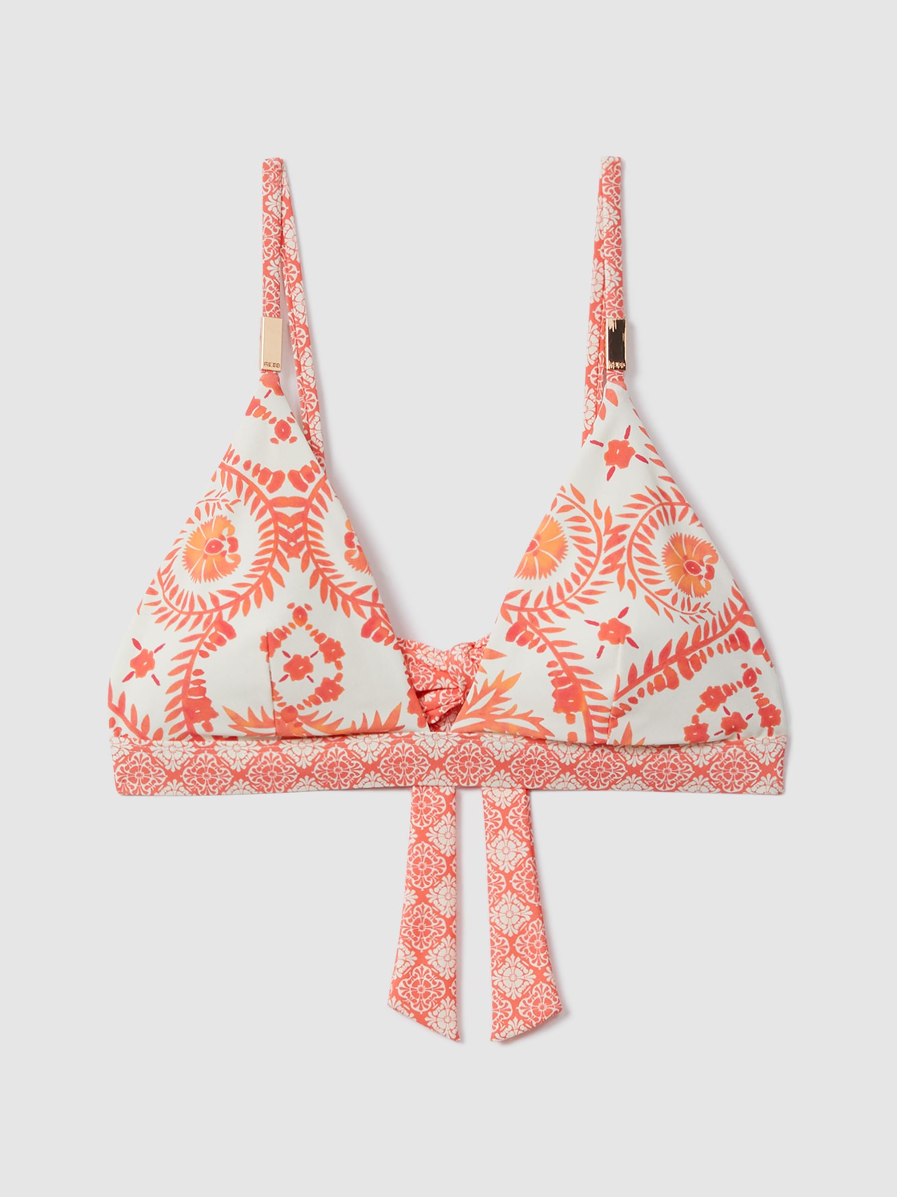 Printed Tie Back Bikini Top in Cream/Coral - Image 2 of 5