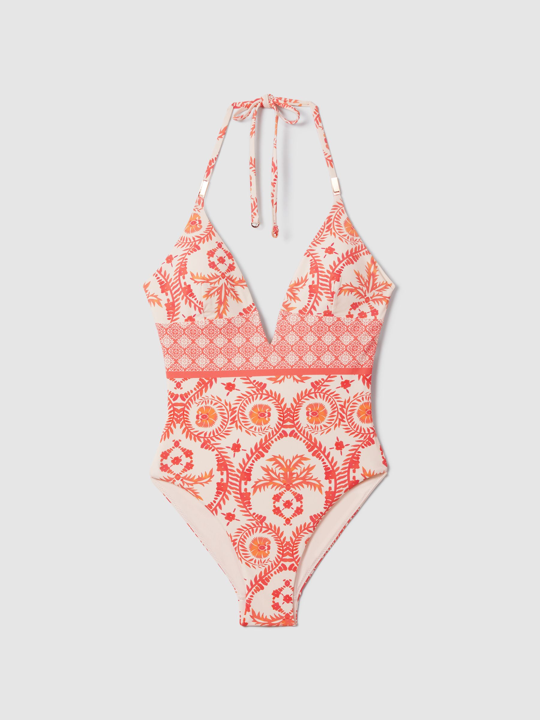 Printed Plunge Neck Swimsuit in Cream/Coral - Image 2 of 6