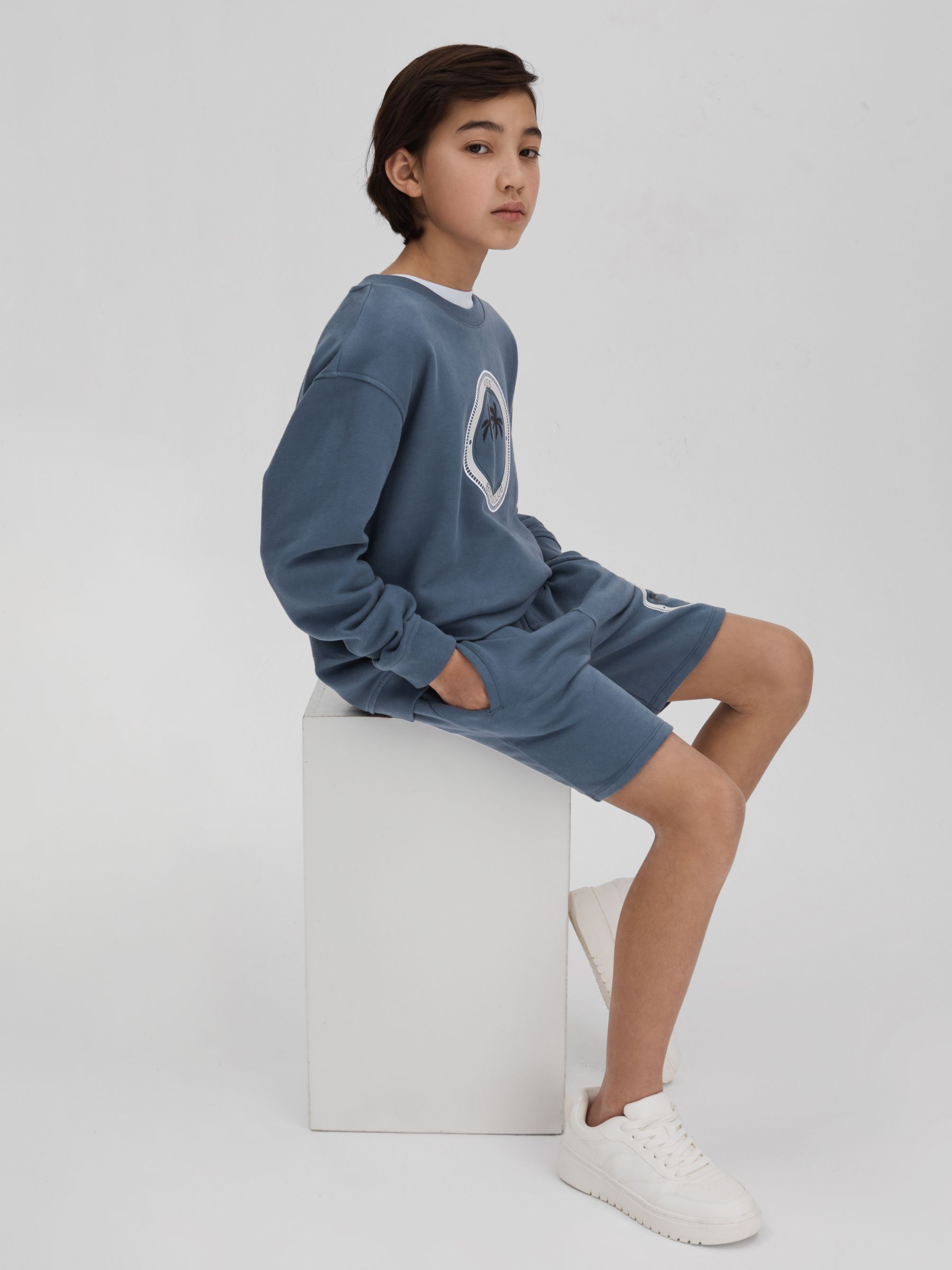 9-13 yrs Cotton Motif Crew Neck Sweatshirt in Airforce Blue - Image 1 of 4