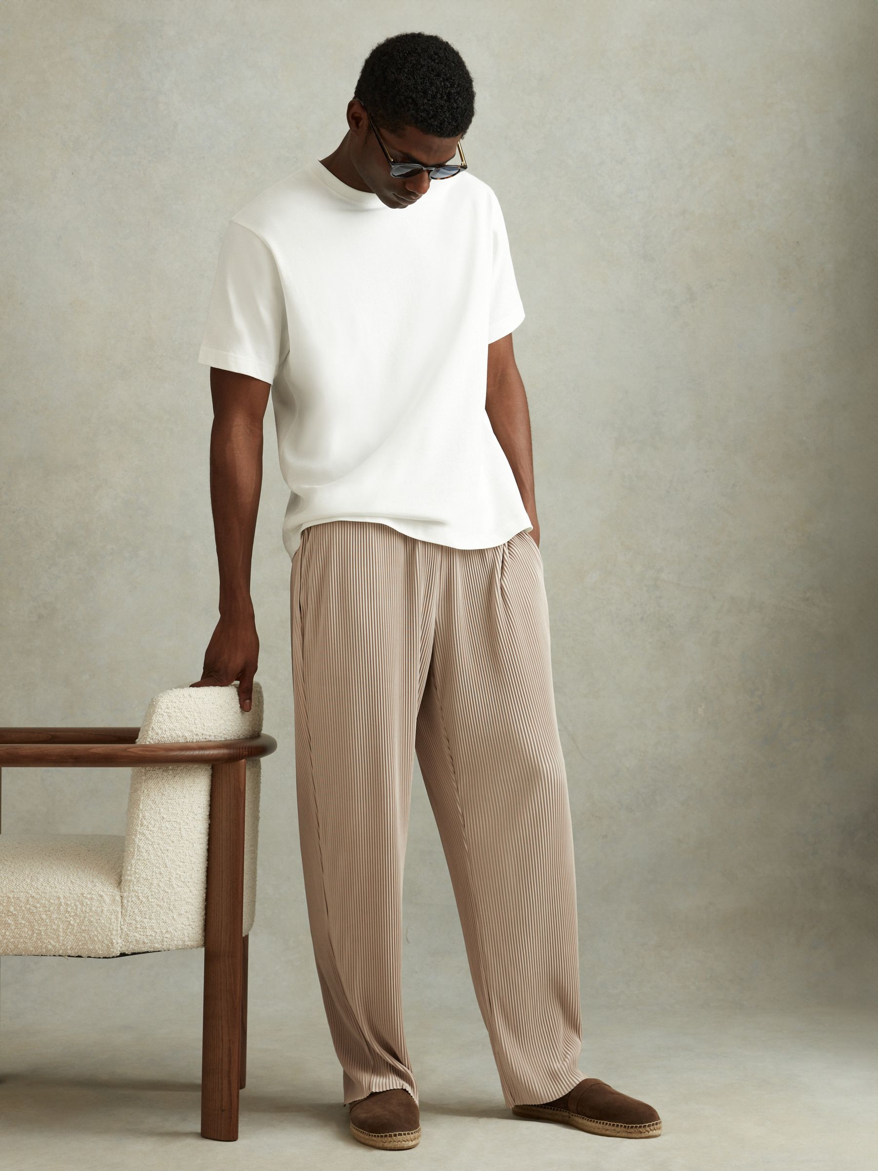Elasticated Plisse Trousers in Champagne - Image 1 of 6