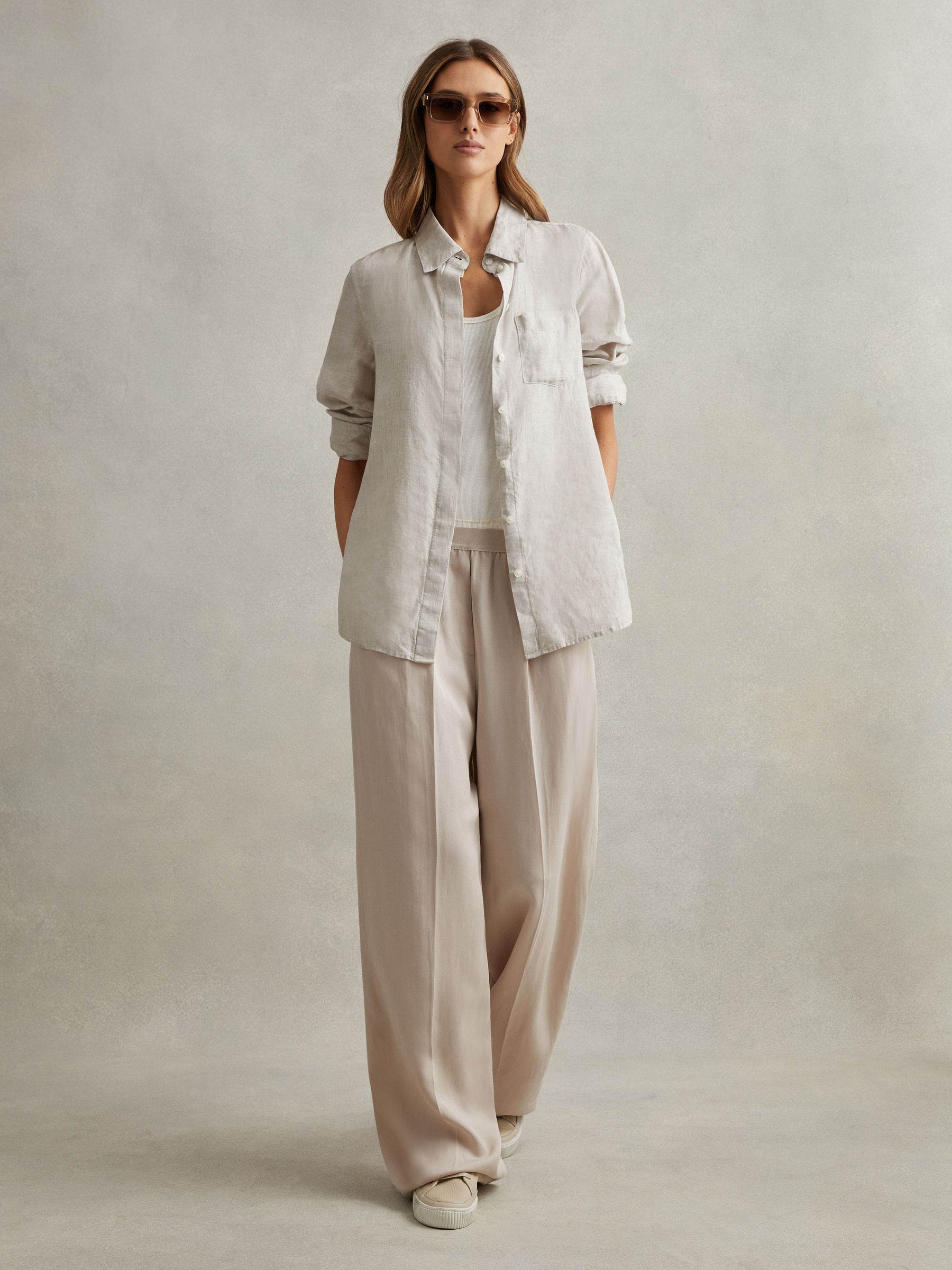 Petite Lyocell-Linen Wide Leg Trousers in Oatmeal - Image 1 of 7