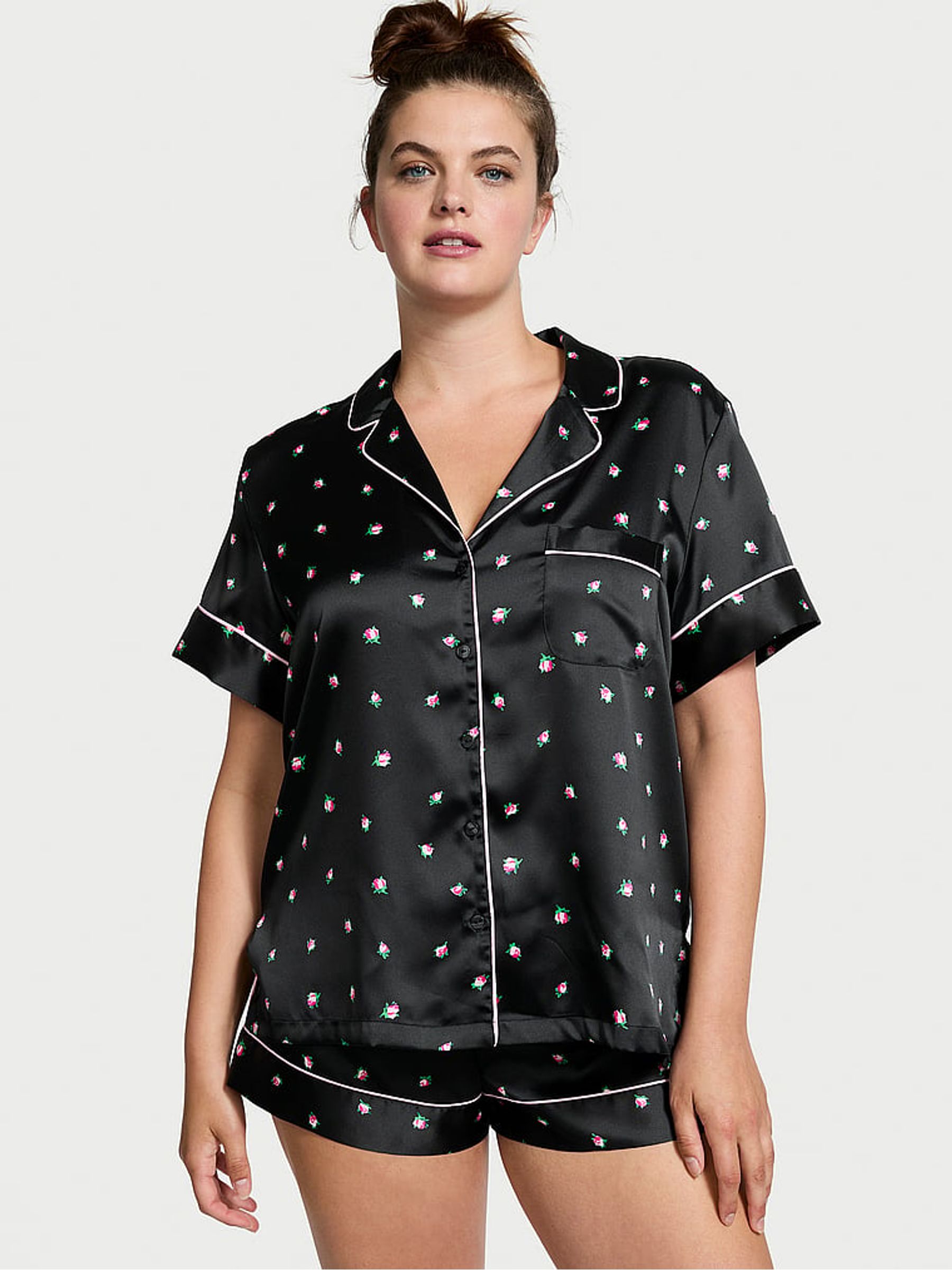 Black Rosebuds Satin Short Pyjama Set - Image 1 of 3
