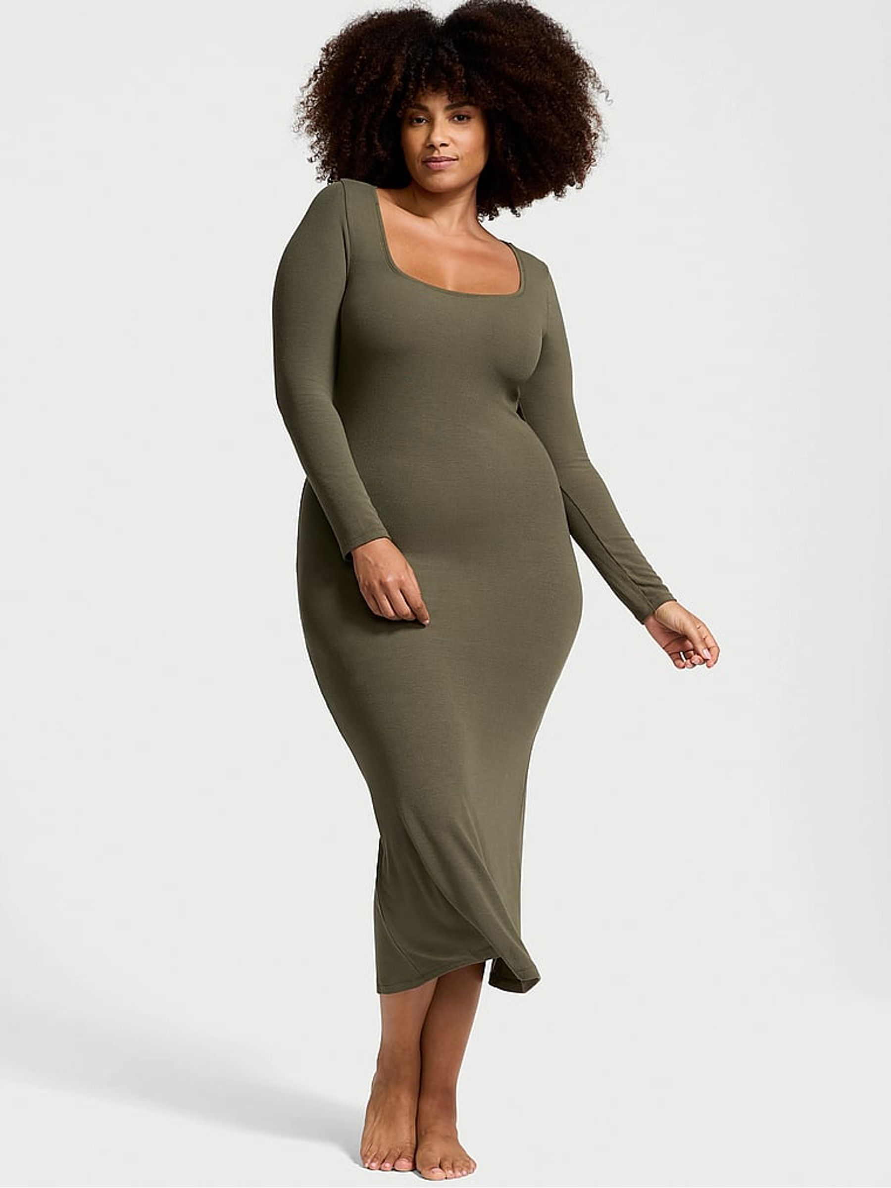 Olive Green Ribbed Modal Long Slip Dress - Image 1 of 3