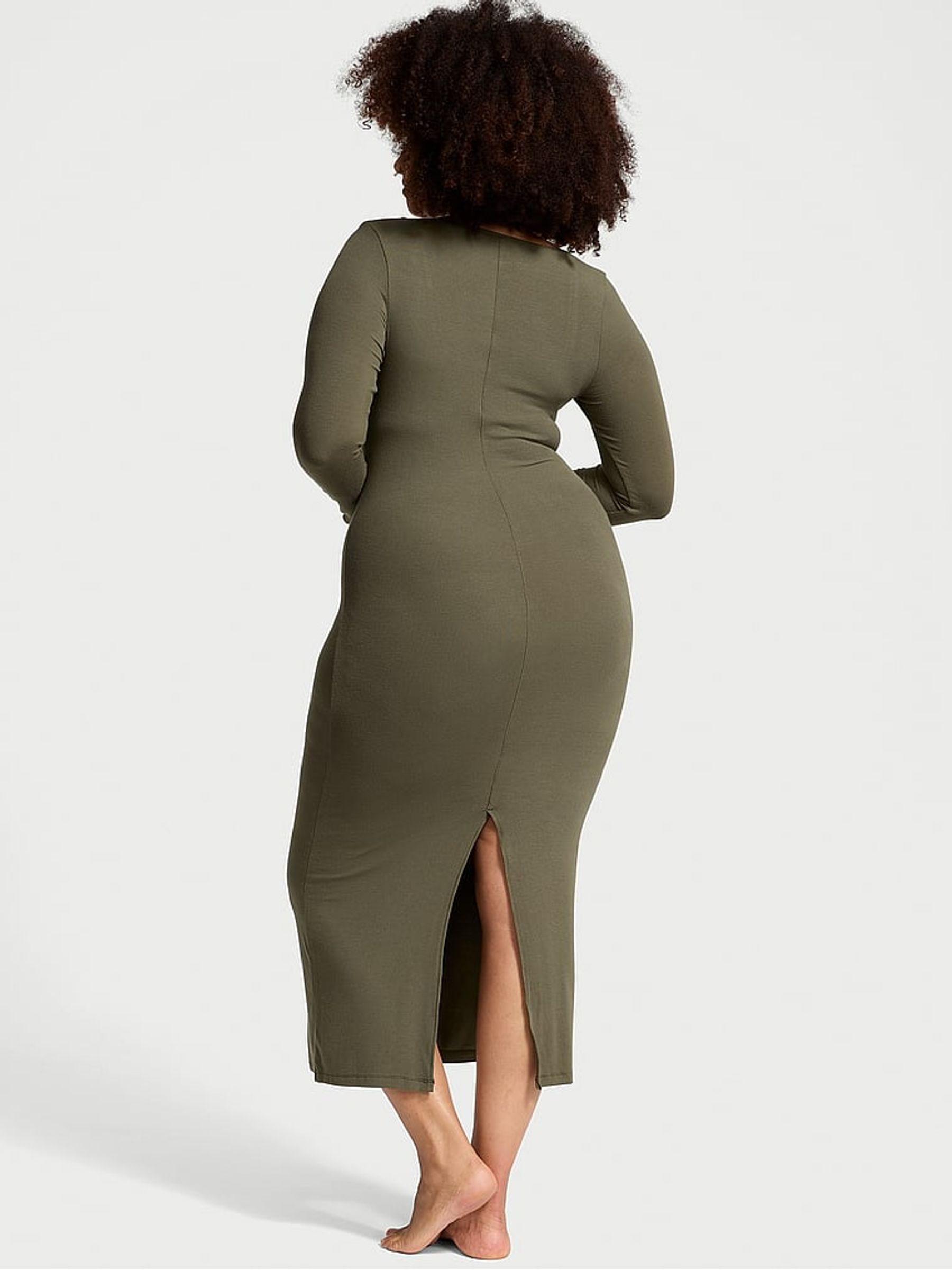 Olive Green Ribbed Modal Long Slip Dress - Image 2 of 3