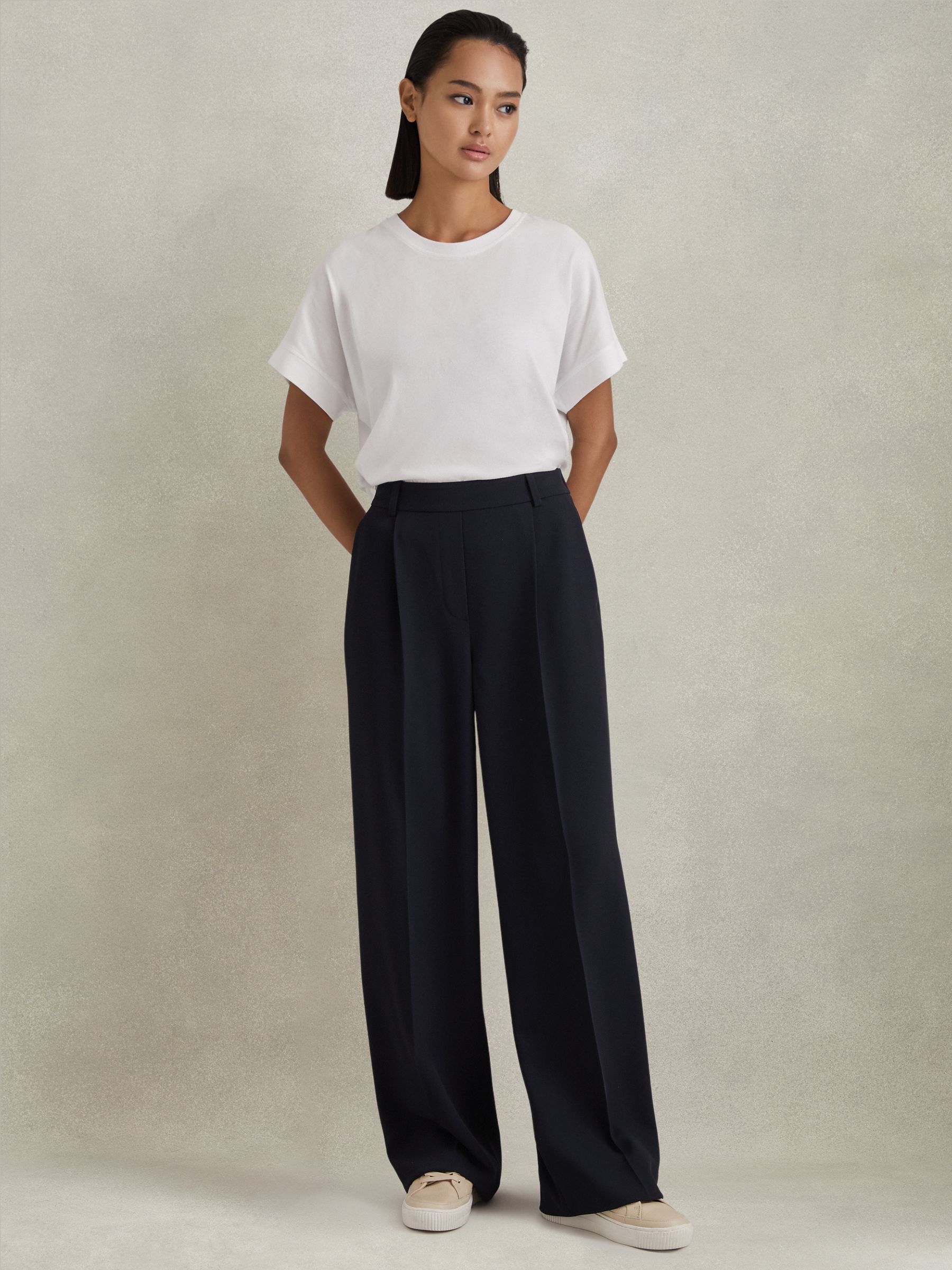 Half-Elasticated Wide Leg Trousers in Navy - Image 6 of 7