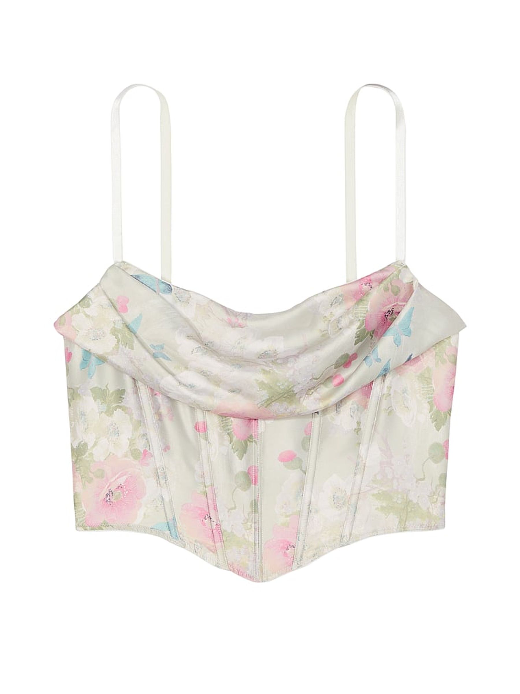 Pink Delicate Garden Print Satin Cowl Neck Corset Bra Top - Image 3 of 3