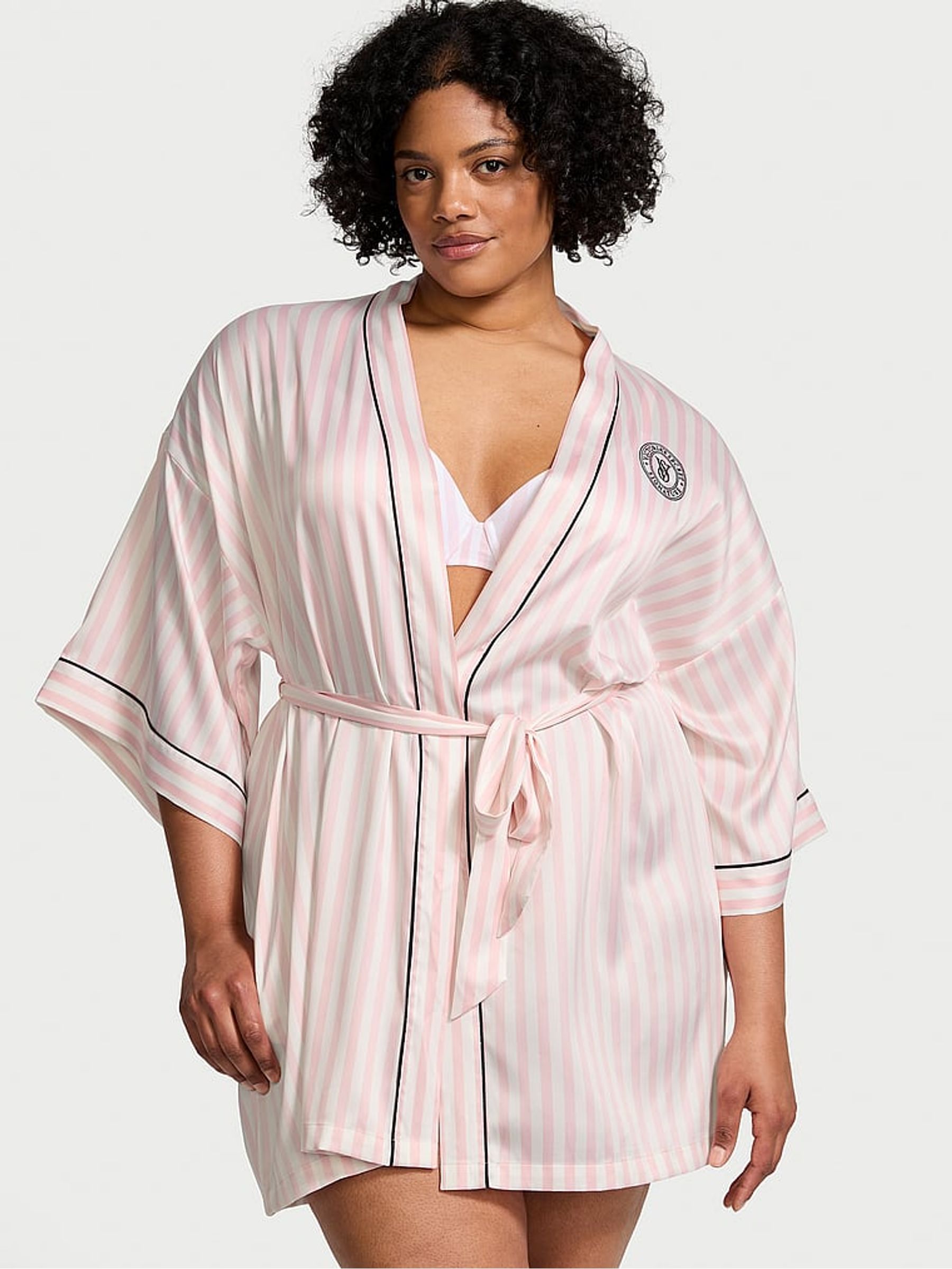 Pink Iconic Stripe Satin Short Piped Robe
