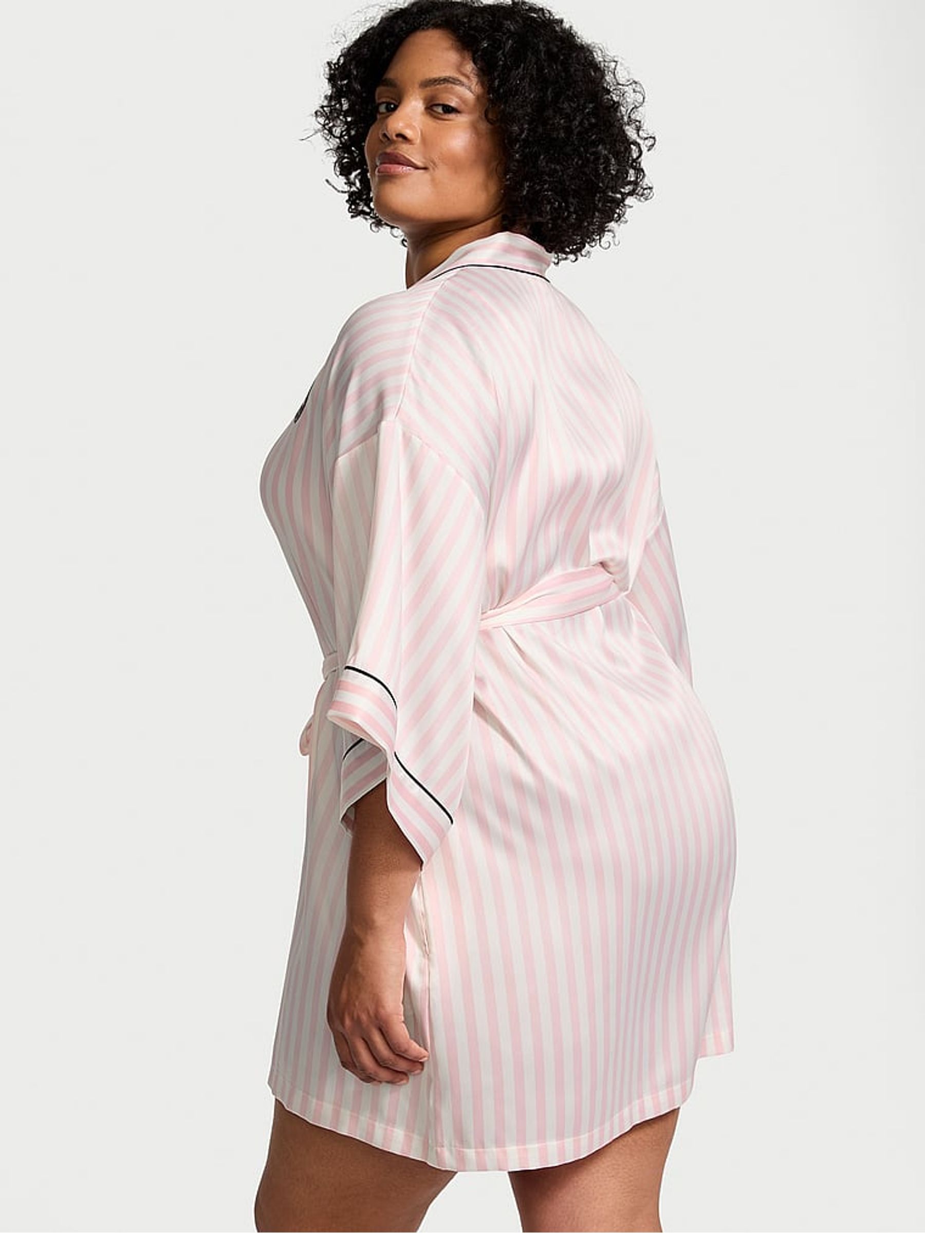 Pink Iconic Stripe Satin Short Piped Robe - Image 2 of 3