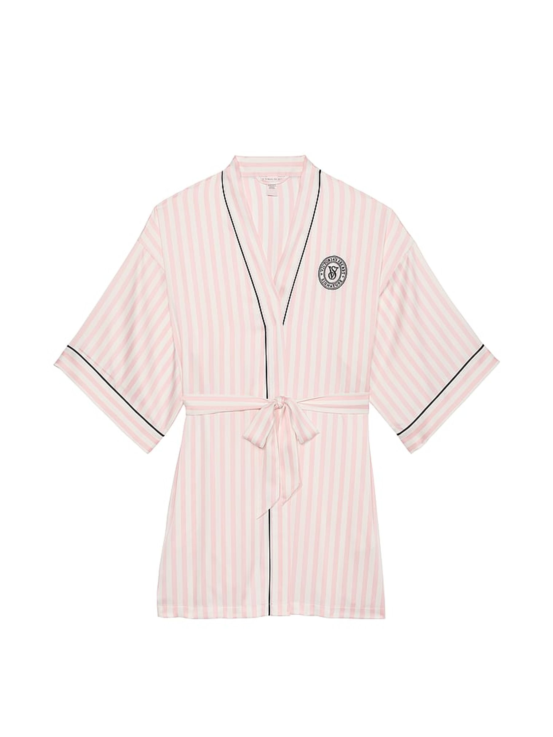 Pink Iconic Stripe Satin Short Piped Robe - Image 3 of 3
