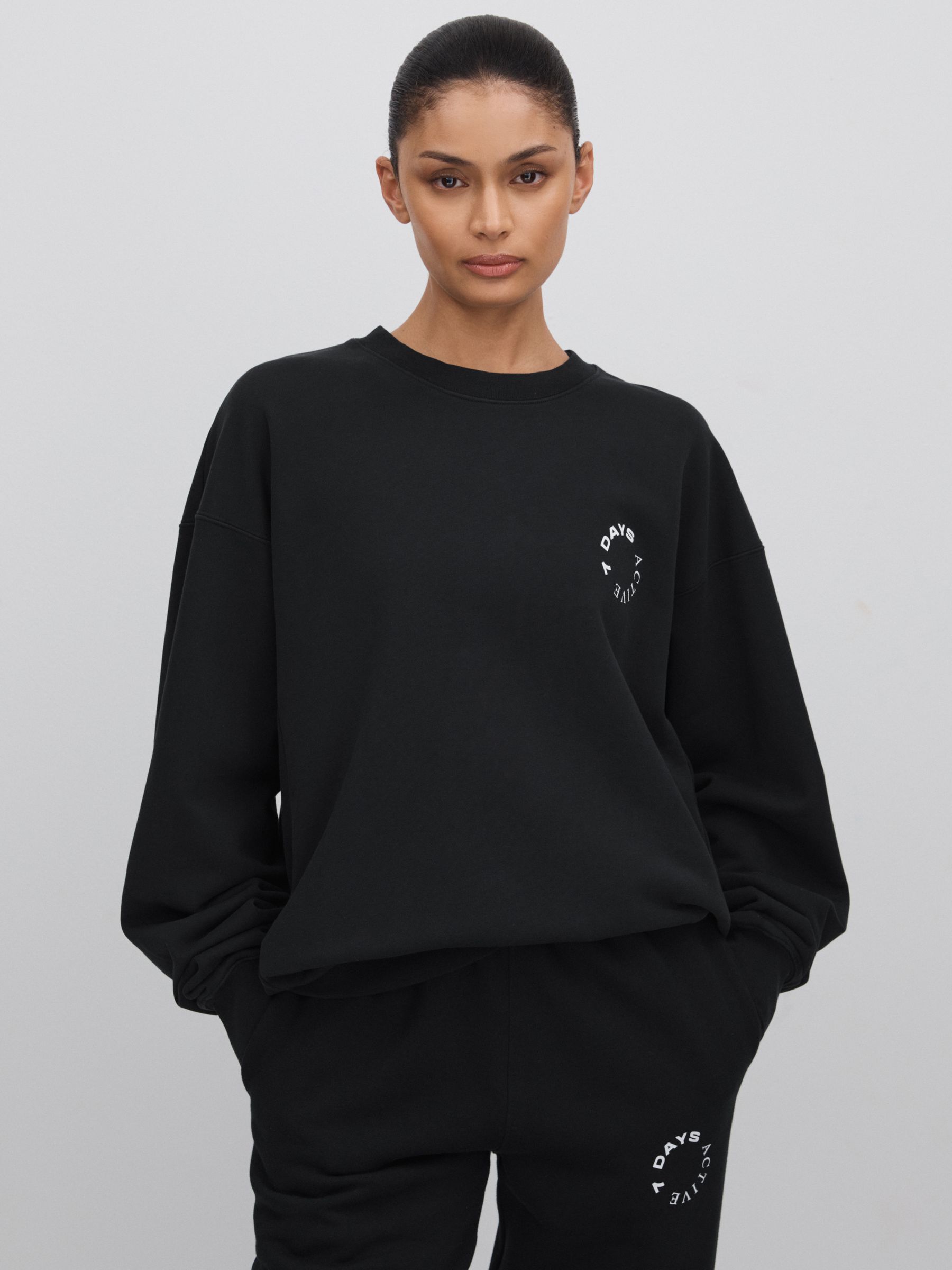 7 Days Active Cotton Crew Neck Sweatshirt in Black - Image 5 of 5