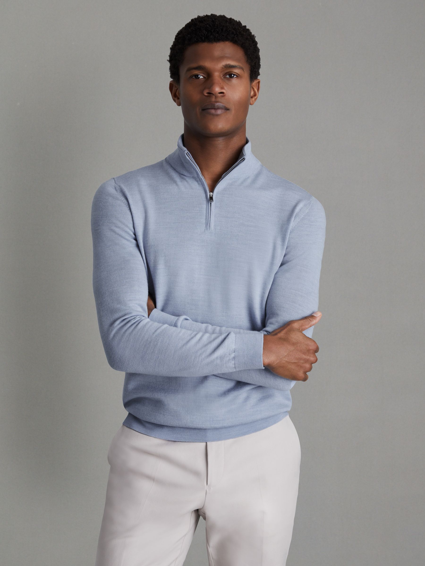 Merino Wool Half-Zip Funnel Neck Jumper in Soft Blue Melange - Image 1 of 4